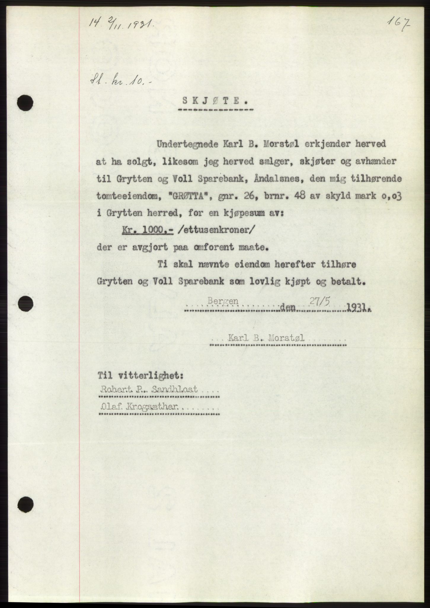 Romsdal sorenskriveri, SAT/A-4149/1/2/2C/L0060: Pantebok nr. 54, 1931-1932, Tingl.dato: 02.11.1931