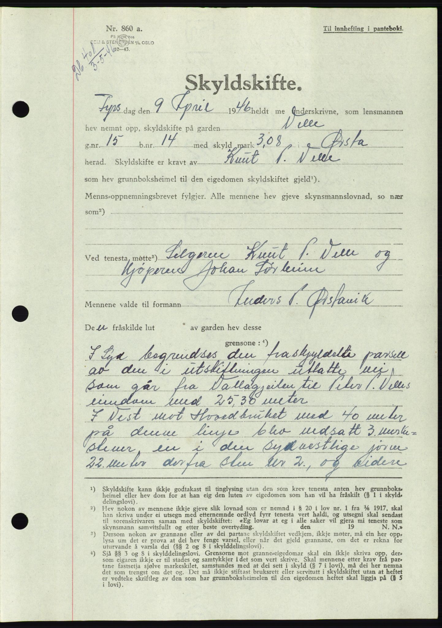 Søre Sunnmøre sorenskriveri, AV/SAT-A-4122/1/2/2C/L0078: Pantebok nr. 4A, 1946-1946, Dagboknr: 401/1946