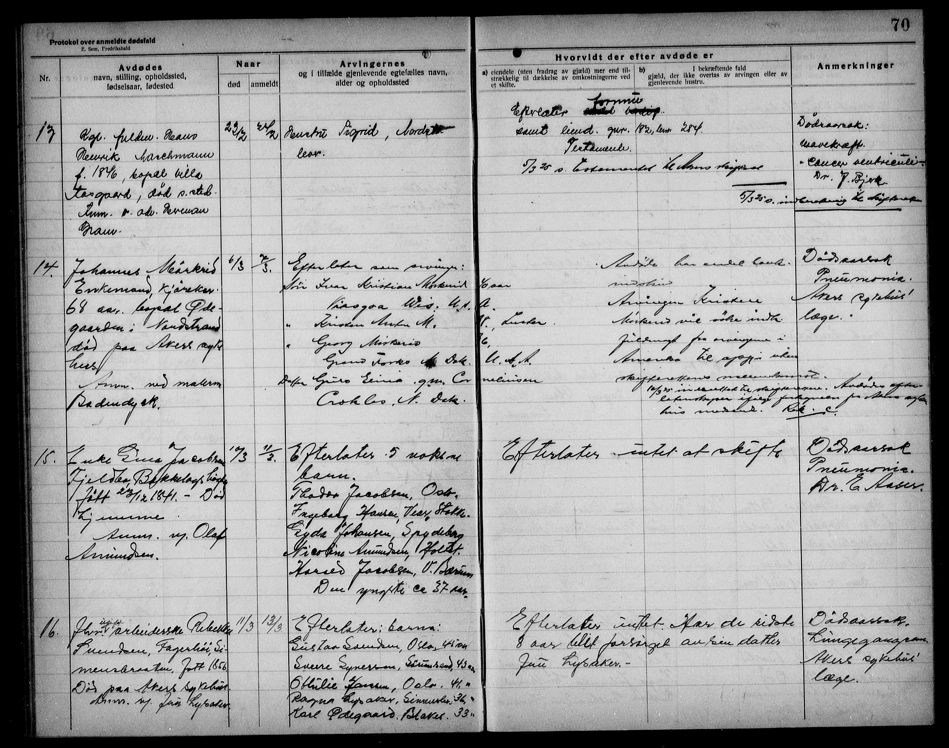 Aker kriminaldommer, skifte- og auksjonsforvalterembete, AV/SAO-A-10452/H/Hb/Hba/Hbad/L0001: Dødsfallsprotokoll for Nordstrand, 1922-1929, s. 70