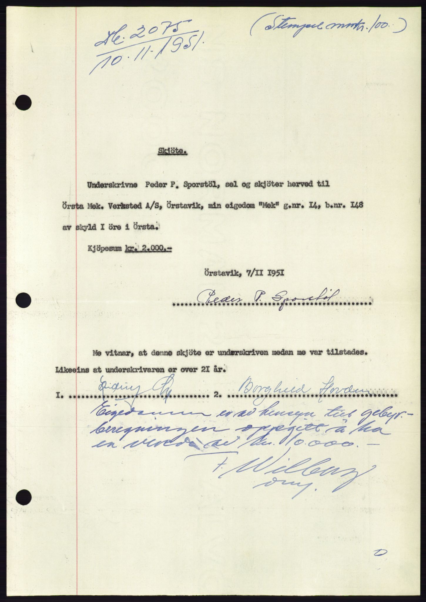 Søre Sunnmøre sorenskriveri, AV/SAT-A-4122/1/2/2C/L0090: Pantebok nr. 16A, 1951-1951, Dagboknr: 2075/1951