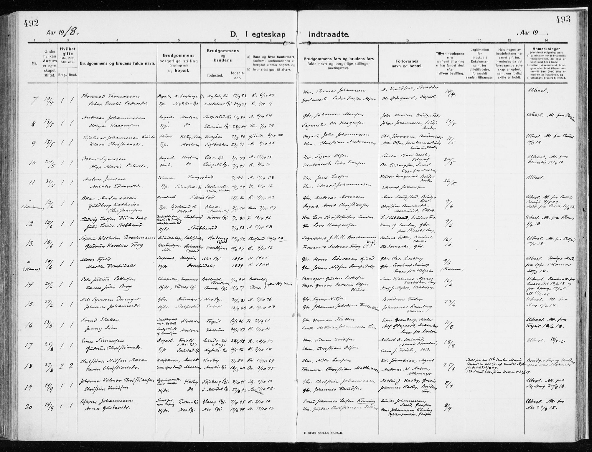 Ringsaker prestekontor, SAH/PREST-014/K/Ka/L0020: Ministerialbok nr. 20, 1913-1922, s. 492-493
