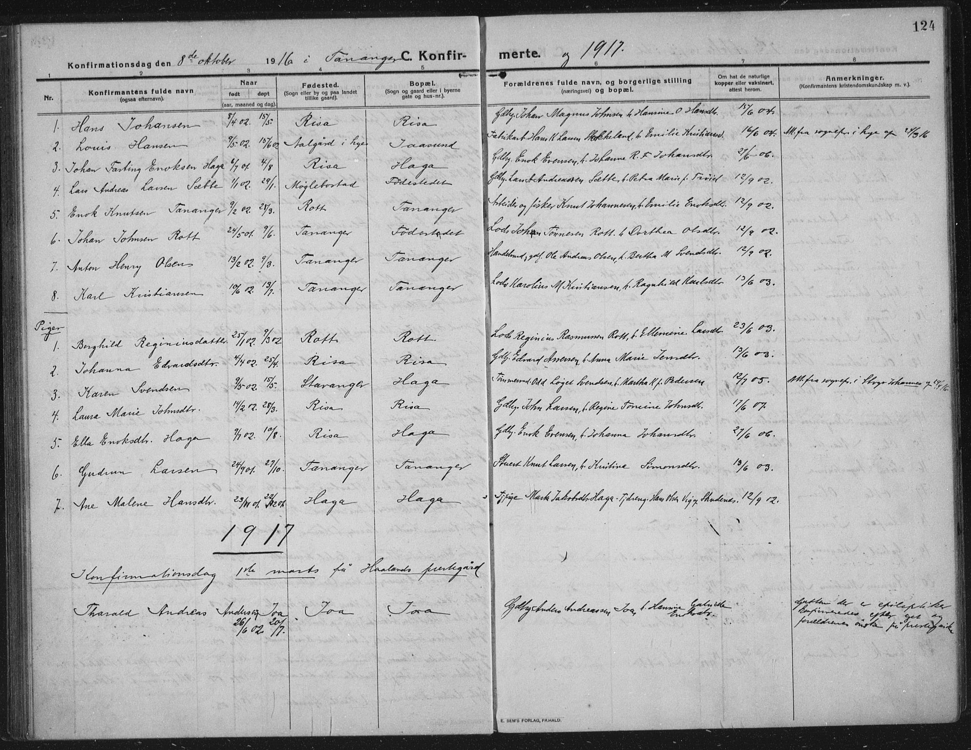 Håland sokneprestkontor, AV/SAST-A-101802/002/C/L0001: Ministerialbok nr. A 14, 1913-1927, s. 124