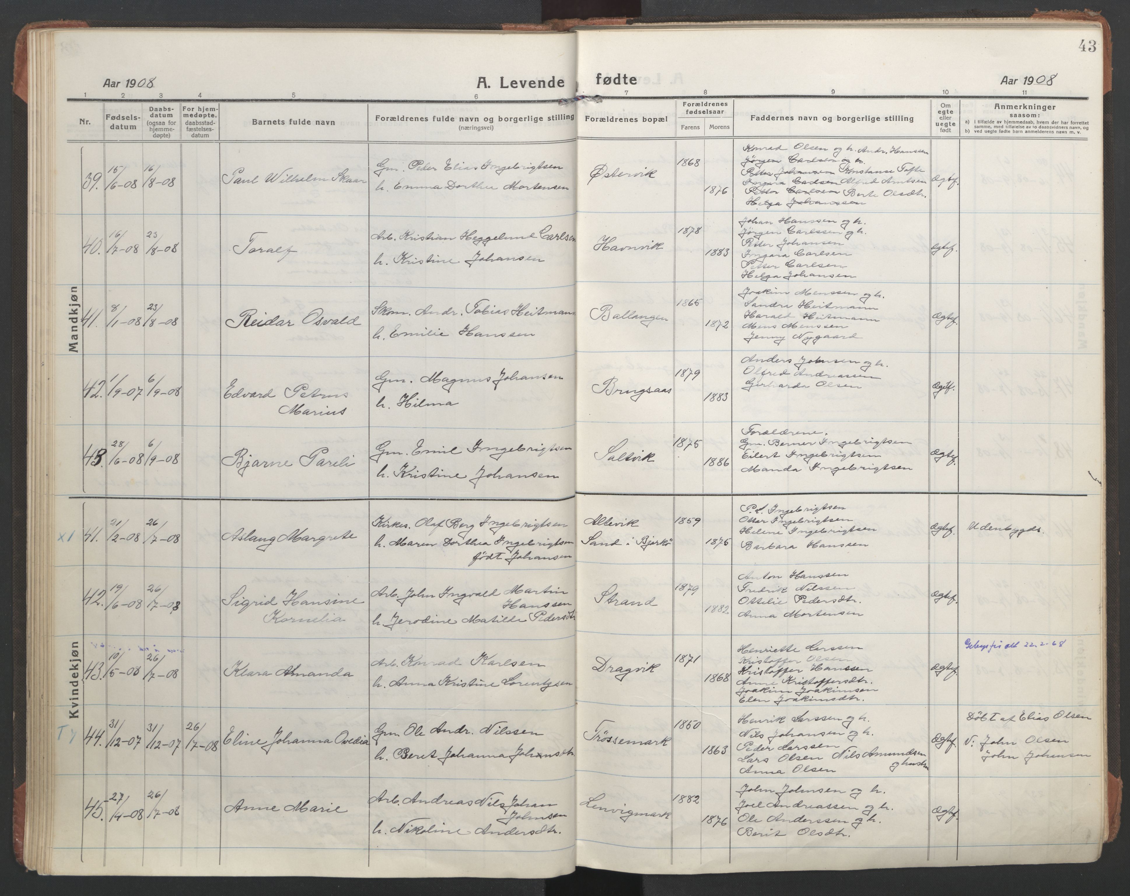 Ministerialprotokoller, klokkerbøker og fødselsregistre - Nordland, AV/SAT-A-1459/863/L0900: Ministerialbok nr. 863A12, 1906-1915, s. 43