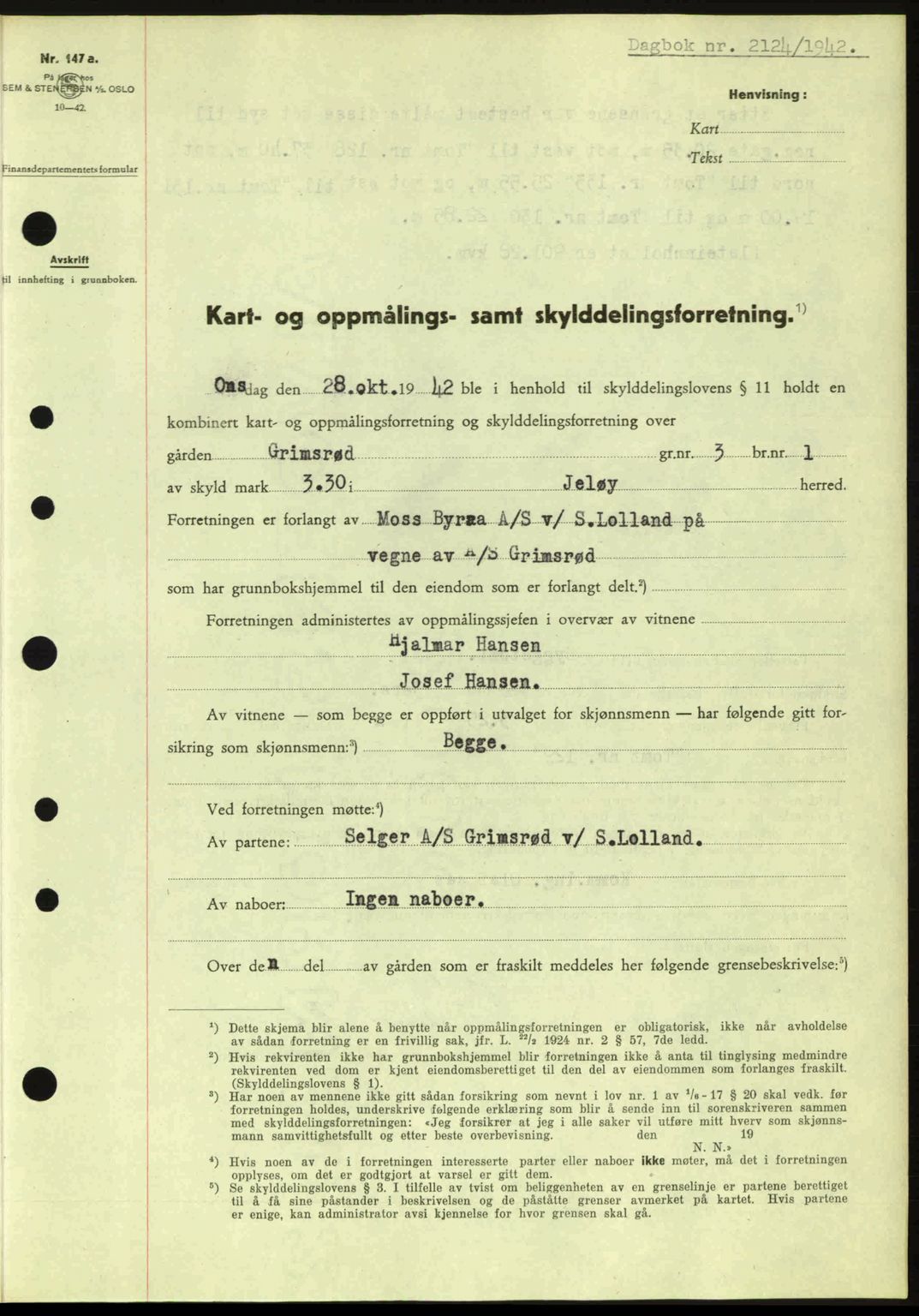 Moss sorenskriveri, SAO/A-10168: Pantebok nr. A10, 1942-1943, Dagboknr: 2124/1942