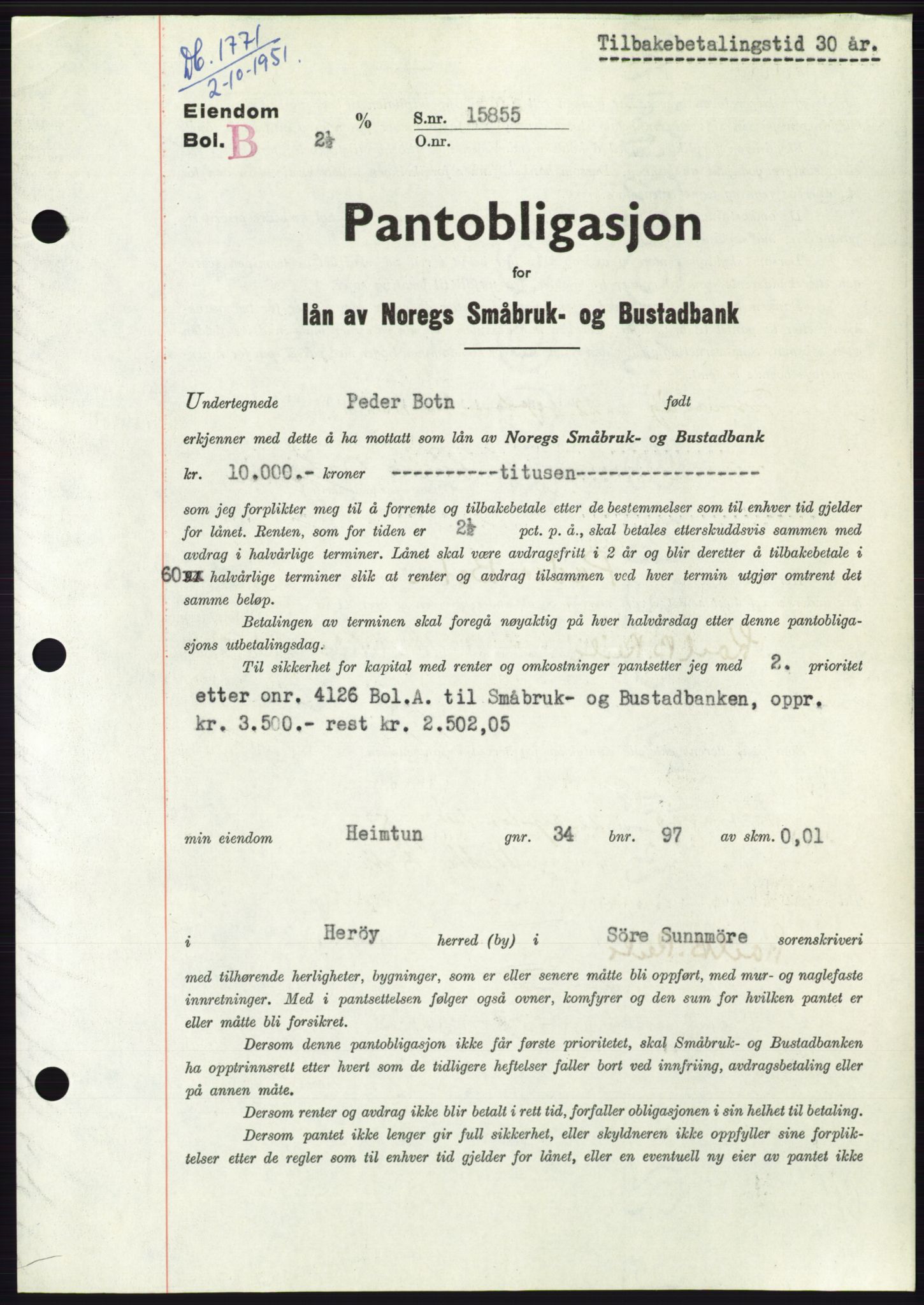 Søre Sunnmøre sorenskriveri, AV/SAT-A-4122/1/2/2C/L0120: Pantebok nr. 8B, 1951-1951, Dagboknr: 1771/1951