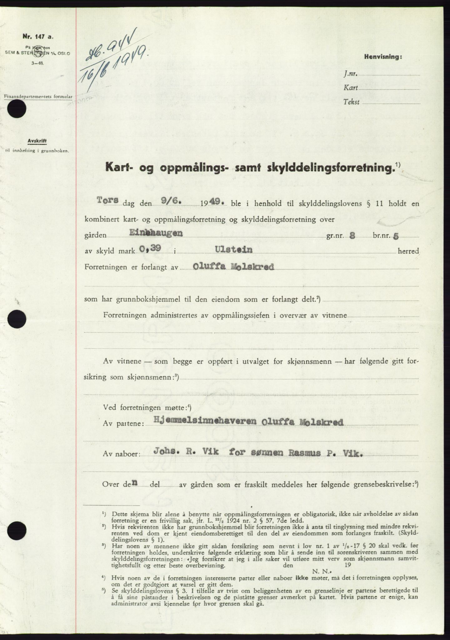 Søre Sunnmøre sorenskriveri, SAT/A-4122/1/2/2C/L0084: Pantebok nr. 10A, 1949-1949, Dagboknr: 944/1949