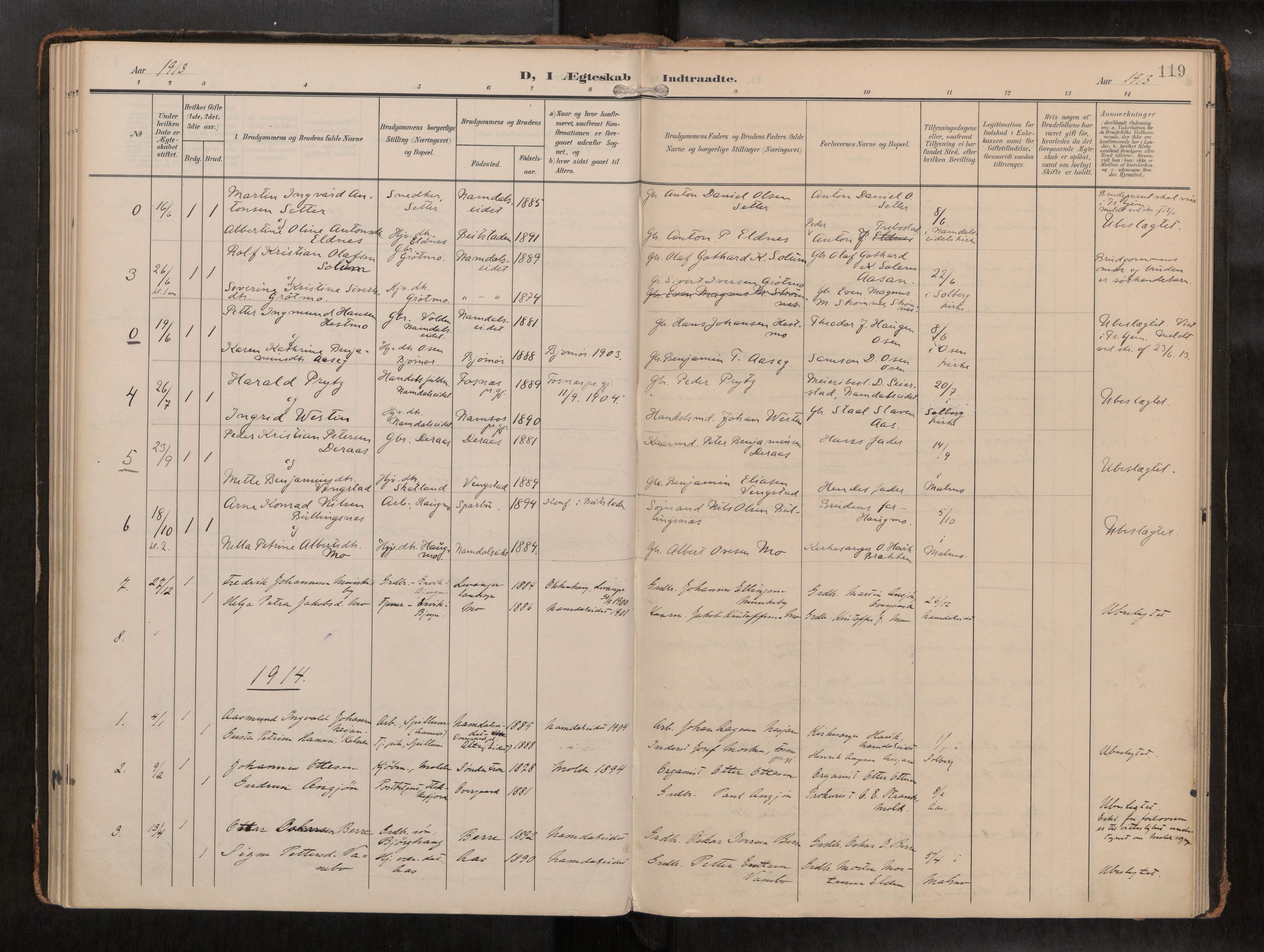 Ministerialprotokoller, klokkerbøker og fødselsregistre - Nord-Trøndelag, AV/SAT-A-1458/742/L0409a: Ministerialbok nr. 742A03, 1906-1924, s. 119