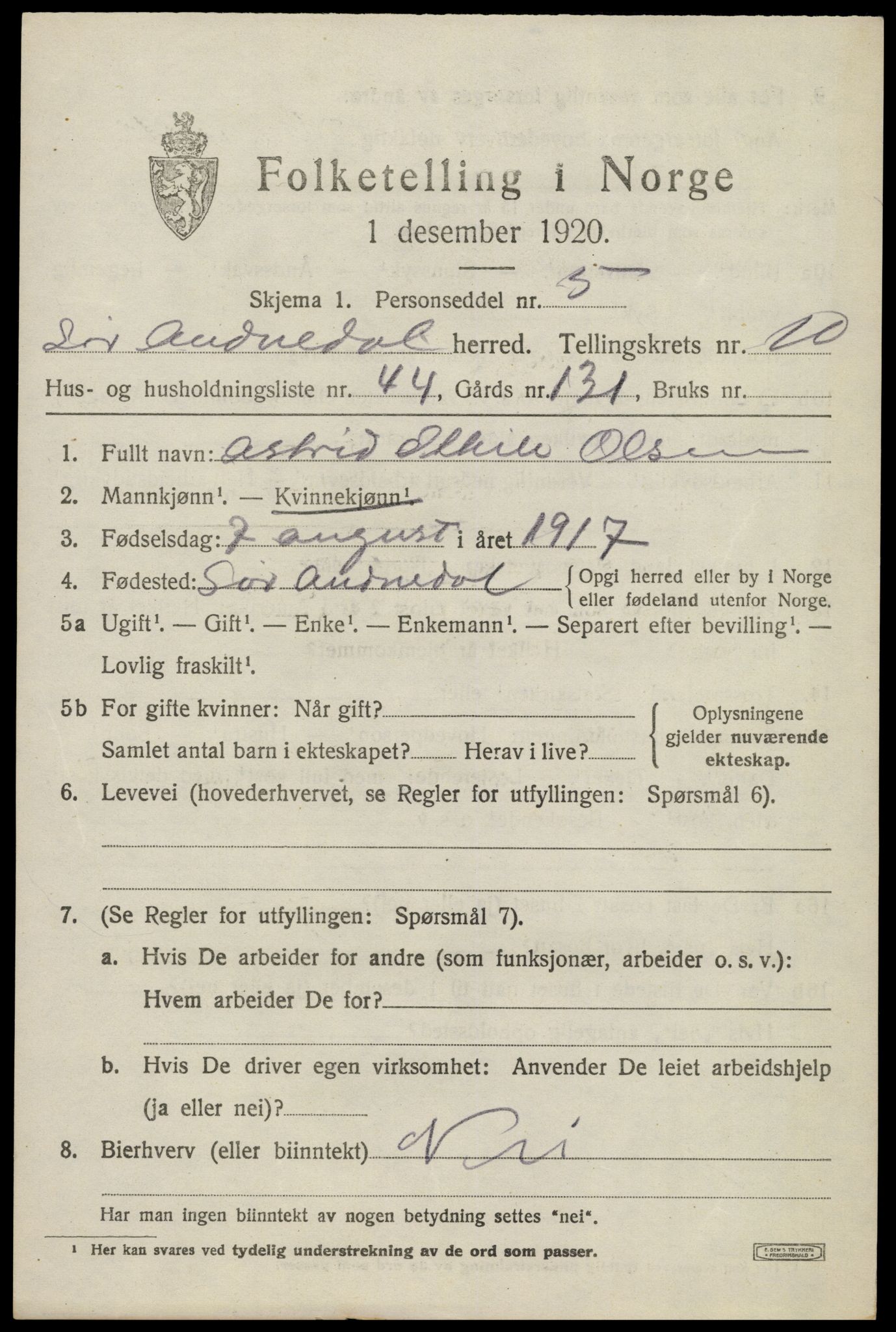 SAK, Folketelling 1920 for 1029 Sør-Audnedal herred, 1920, s. 4211