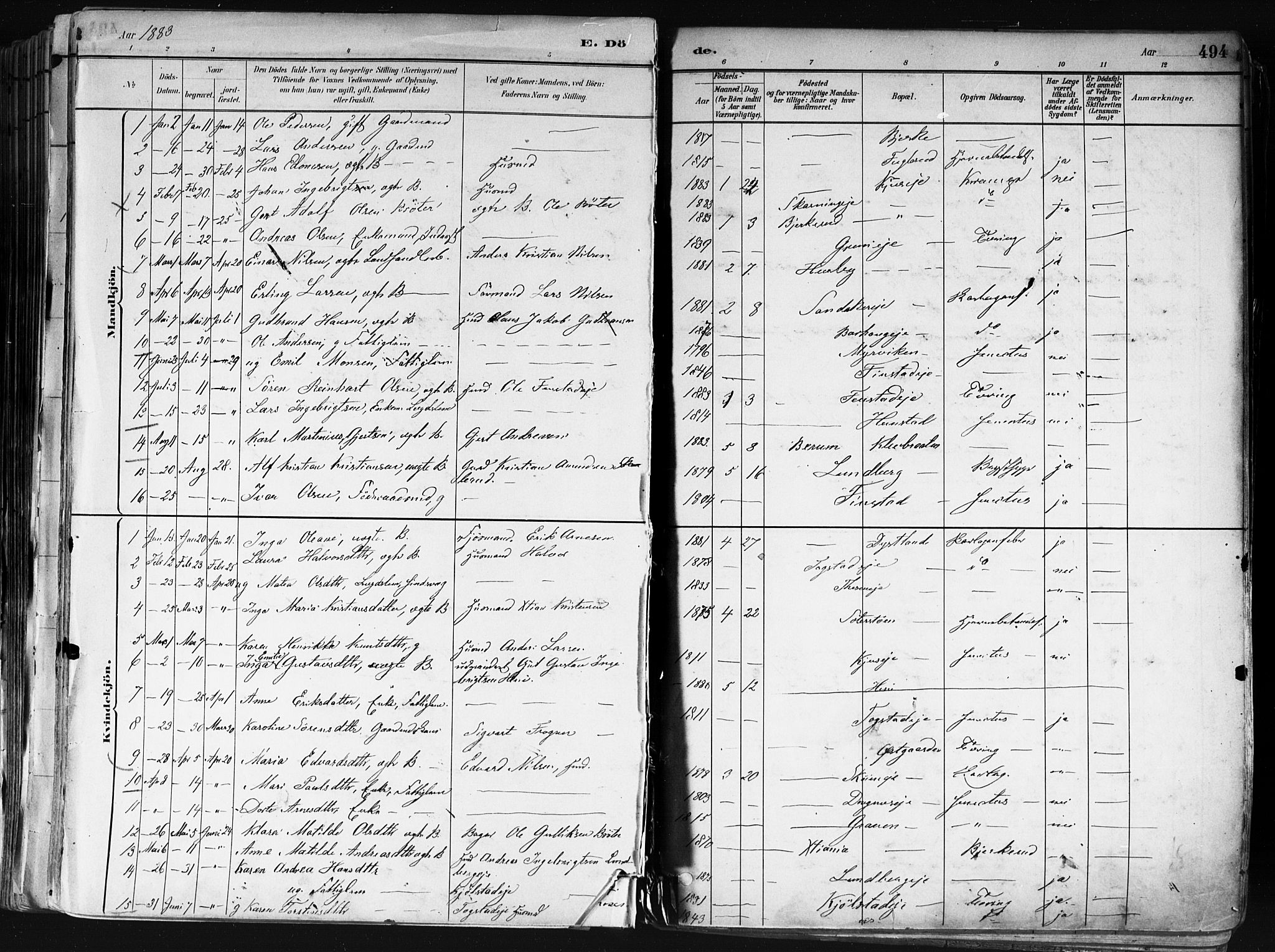 Nes prestekontor Kirkebøker, AV/SAO-A-10410/F/Fa/L0010: Ministerialbok nr. I 10, 1883-1898, s. 494