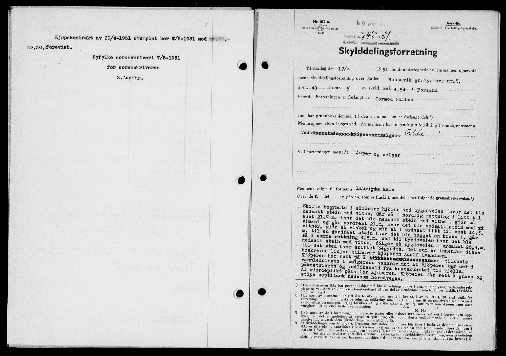 Ryfylke tingrett, SAST/A-100055/001/II/IIB/L0113: Pantebok nr. 92, 1951-1951, Dagboknr: 747/1951