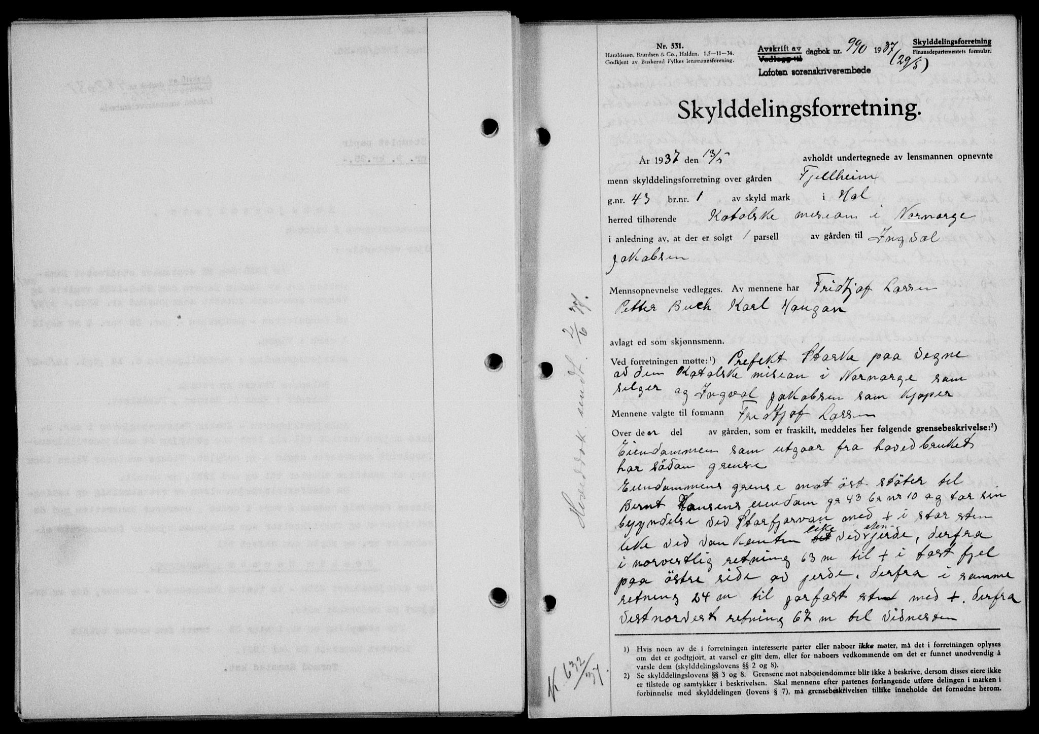 Lofoten sorenskriveri, SAT/A-0017/1/2/2C/L0002a: Pantebok nr. 2a, 1937-1937, Dagboknr: 990/1937