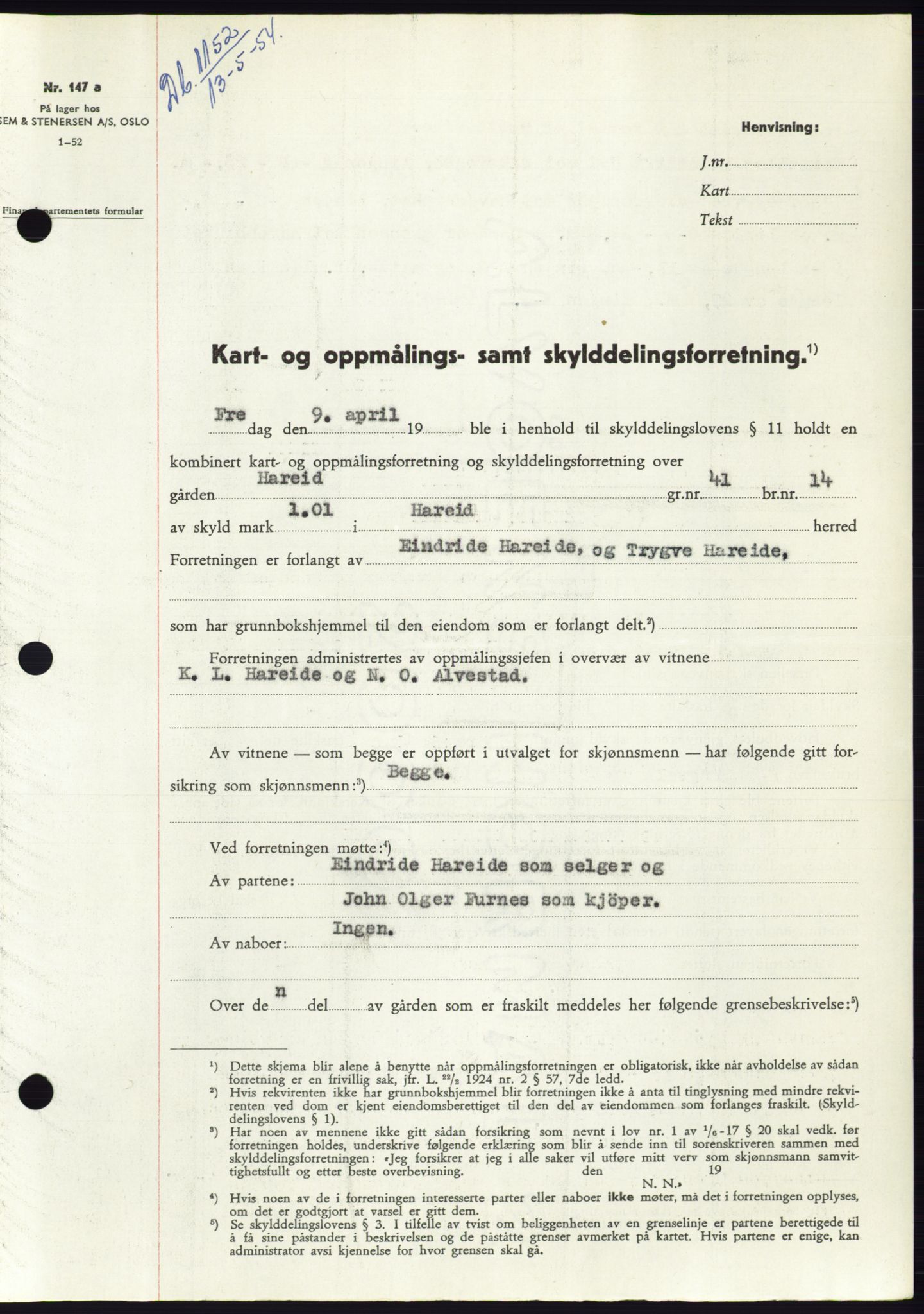 Søre Sunnmøre sorenskriveri, SAT/A-4122/1/2/2C/L0097: Pantebok nr. 23A, 1954-1954, Dagboknr: 1152/1954
