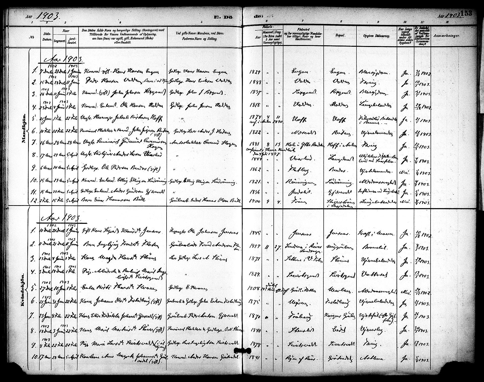 Ministerialprotokoller, klokkerbøker og fødselsregistre - Sør-Trøndelag, AV/SAT-A-1456/686/L0984: Ministerialbok nr. 686A02, 1891-1906, s. 153