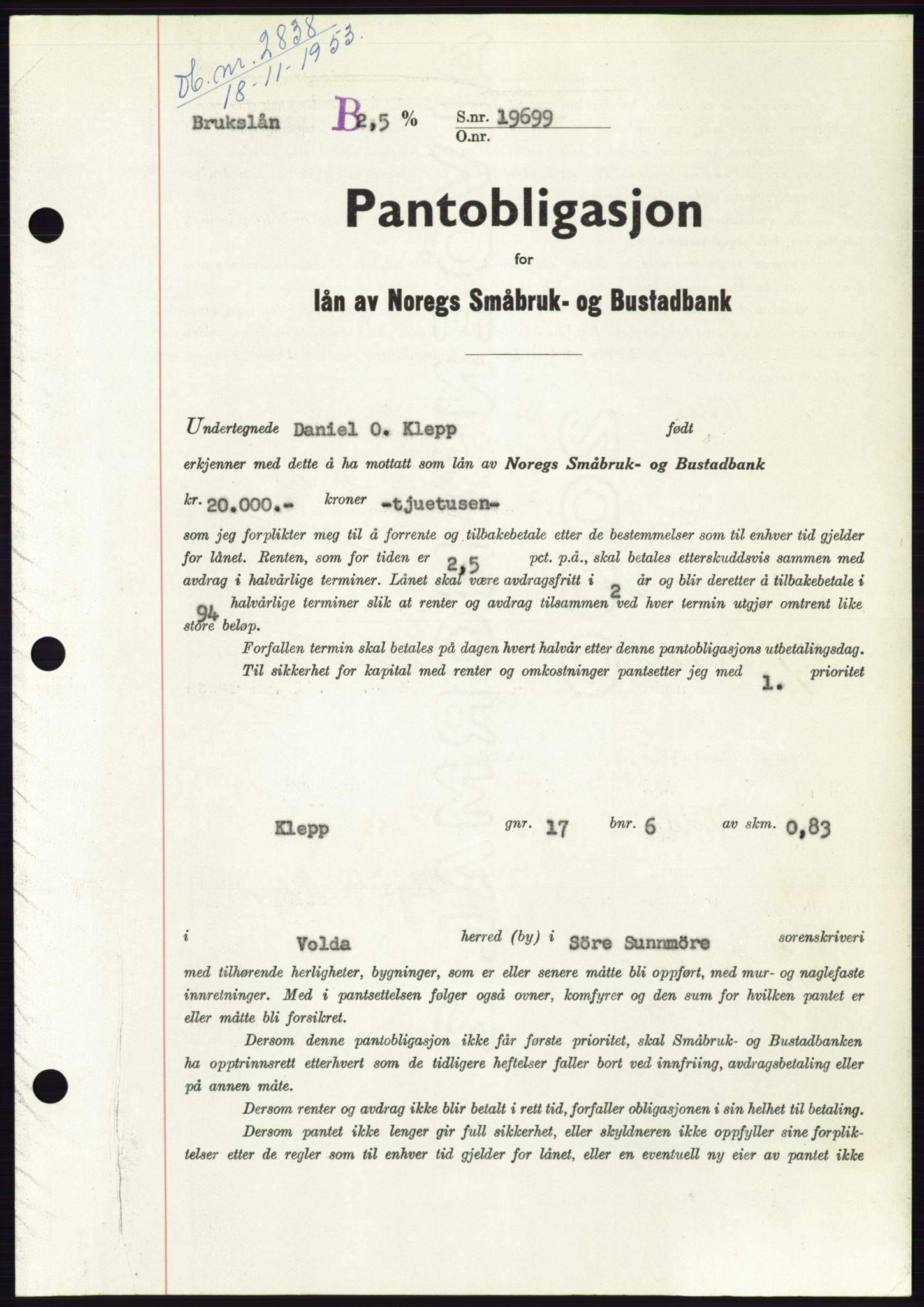Søre Sunnmøre sorenskriveri, SAT/A-4122/1/2/2C/L0124: Pantebok nr. 12B, 1953-1954, Dagboknr: 2838/1953
