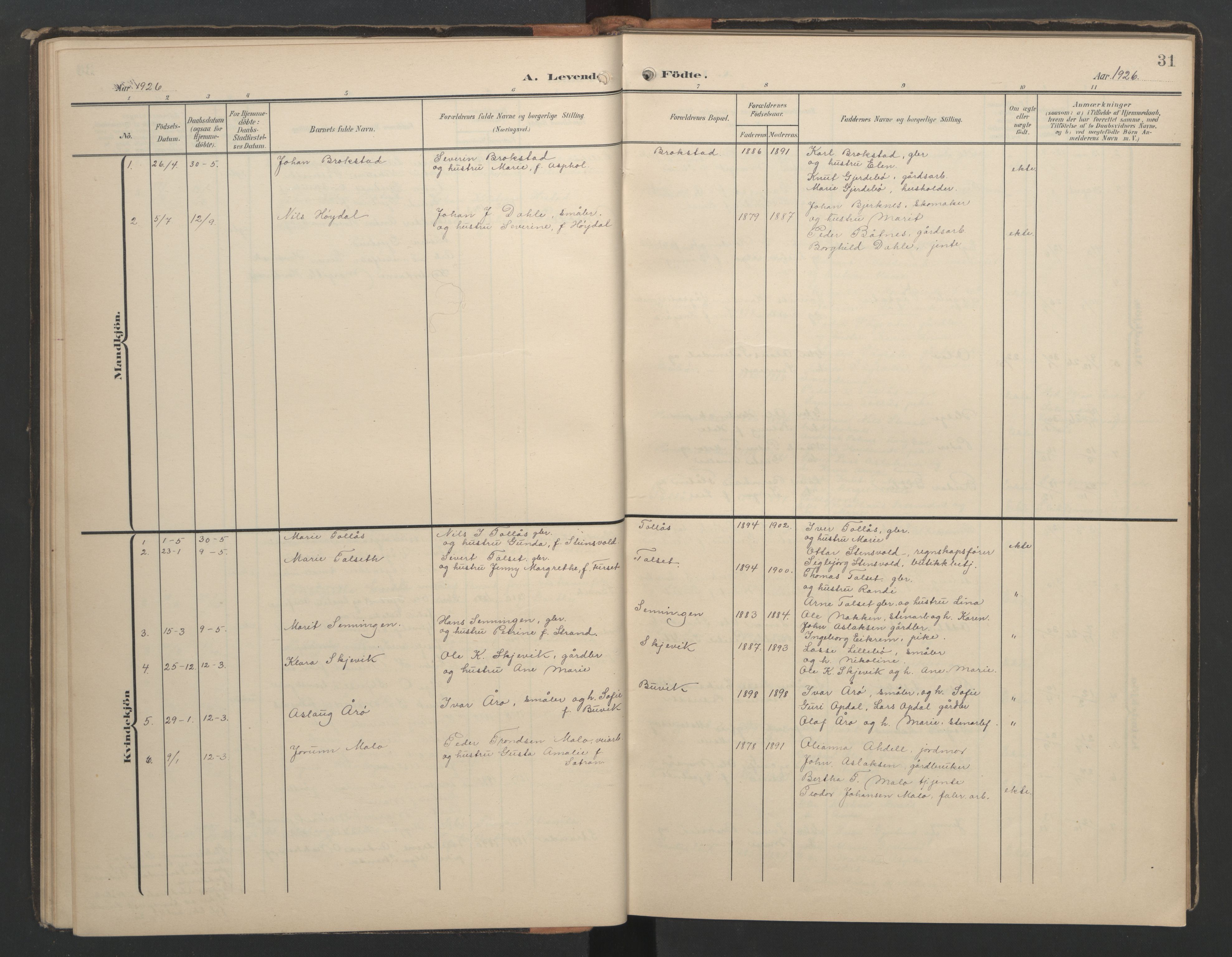 Ministerialprotokoller, klokkerbøker og fødselsregistre - Møre og Romsdal, AV/SAT-A-1454/556/L0677: Klokkerbok nr. 556C01, 1907-1953, s. 31