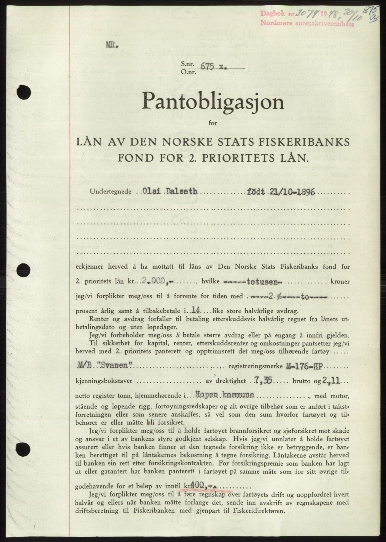Nordmøre sorenskriveri, SAT/A-4132/1/2/2Ca: Pantebok nr. B99, 1948-1948, Dagboknr: 3074/1948