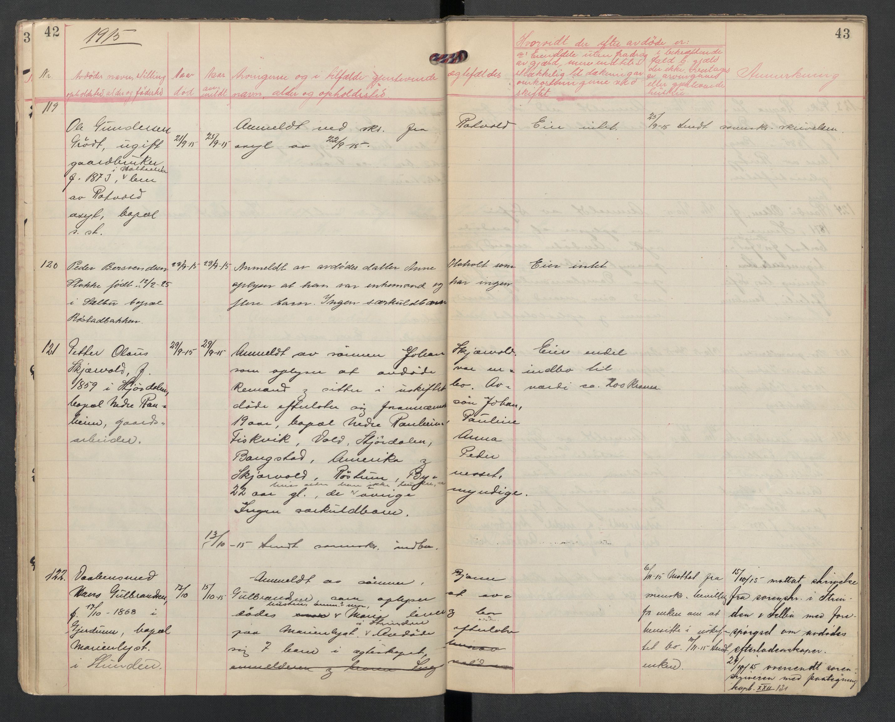 Strinda lensmannskontor, AV/SAT-A-1083/1/02/L0002: 2.01.02 Dødsfallsprotokoll, 1915-1918, s. 42-43