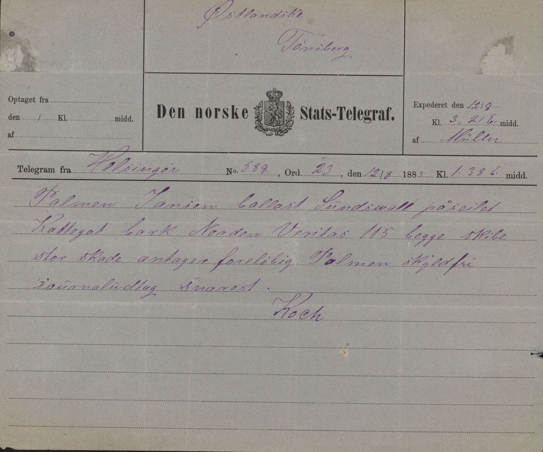 Pa 63 - Østlandske skibsassuranceforening, VEMU/A-1079/G/Ga/L0016/0014: Havaridokumenter / Palmen, Prindsesse Gyda, Eralo, Esmeralda, Sophie, 1883, s. 22