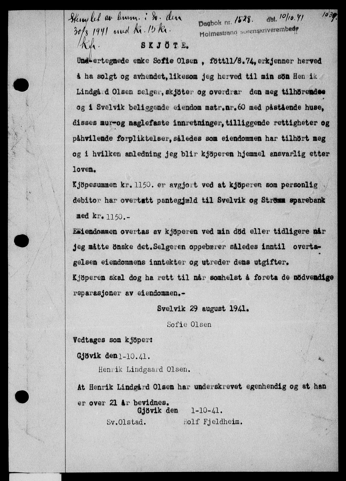 Holmestrand sorenskriveri, SAKO/A-67/G/Ga/Gaa/L0053: Pantebok nr. A-53, 1941-1941, Dagboknr: 1528/1941