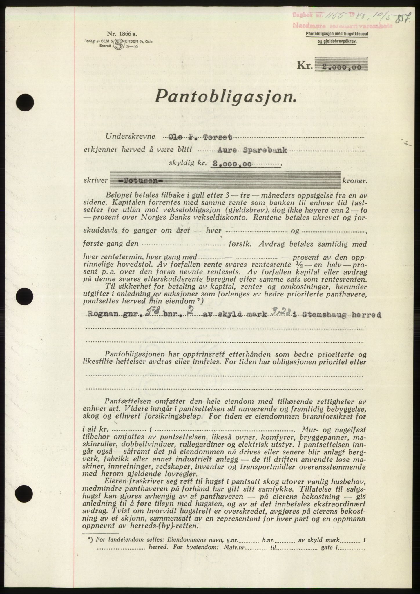 Nordmøre sorenskriveri, SAT/A-4132/1/2/2Ca: Pantebok nr. B98, 1948-1948, Dagboknr: 1155/1948