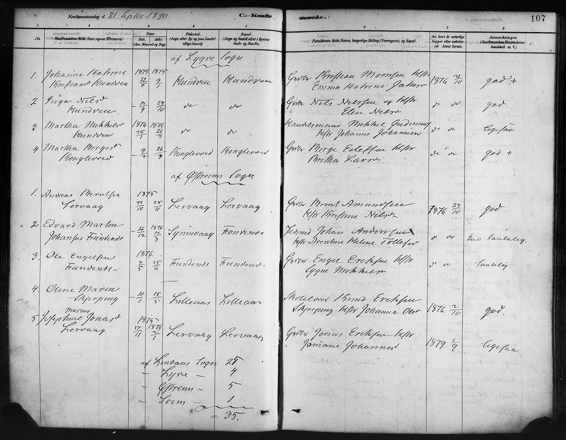 Lindås Sokneprestembete, AV/SAB-A-76701/H/Haa/Haaa/L0019: Ministerialbok nr. A 19, 1878-1912, s. 107