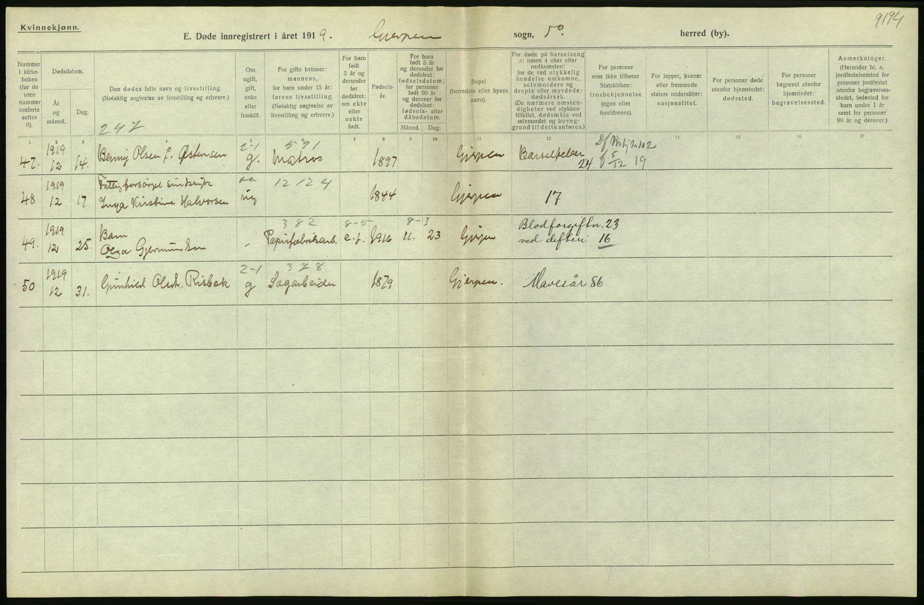 Statistisk sentralbyrå, Sosiodemografiske emner, Befolkning, RA/S-2228/D/Df/Dfb/Dfbi/L0023: Telemark fylke: Døde. Bygder og byer., 1919, s. 226