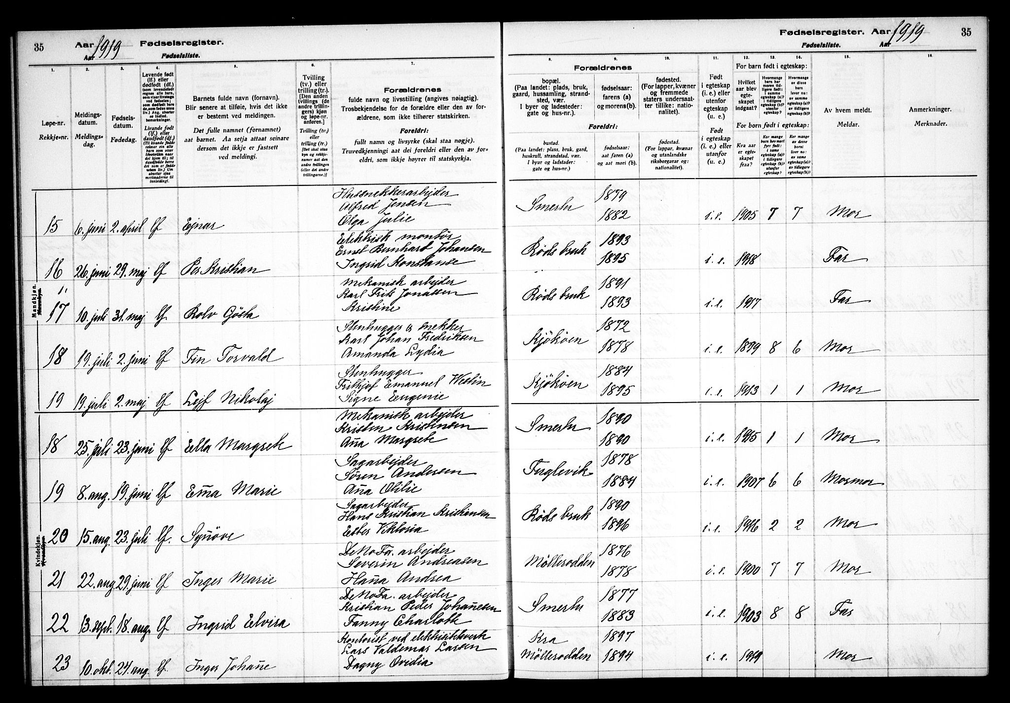 Kråkerøy prestekontor Kirkebøker, AV/SAO-A-10912/J/Ja/L0001: Fødselsregister nr. 1, 1916-1938, s. 35