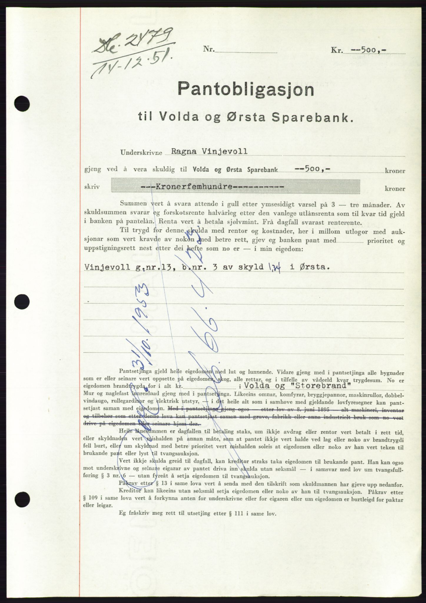 Søre Sunnmøre sorenskriveri, AV/SAT-A-4122/1/2/2C/L0121: Pantebok nr. 9B, 1951-1952, Dagboknr: 2479/1951