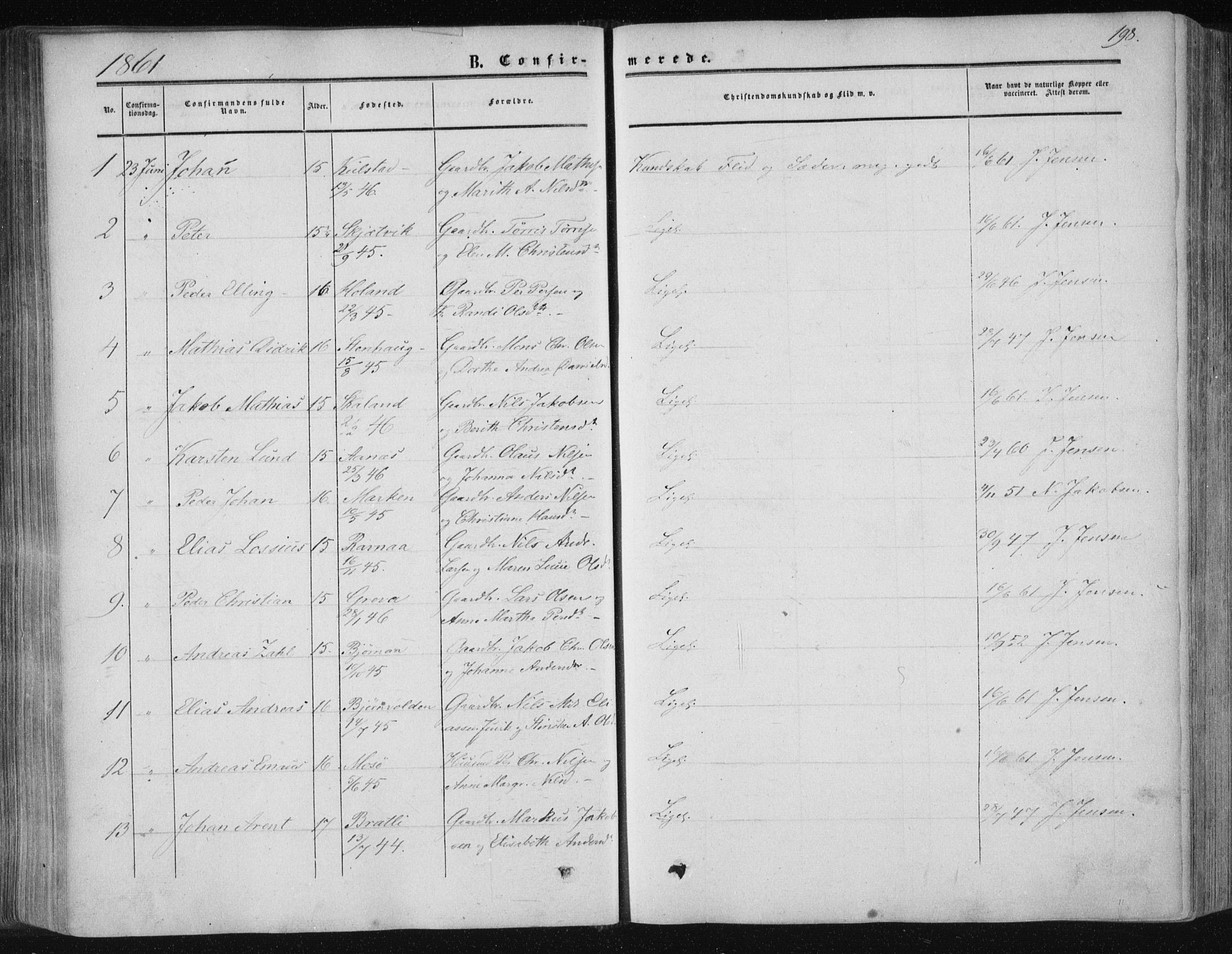 Ministerialprotokoller, klokkerbøker og fødselsregistre - Nordland, SAT/A-1459/820/L0293: Ministerialbok nr. 820A14, 1855-1865, s. 198