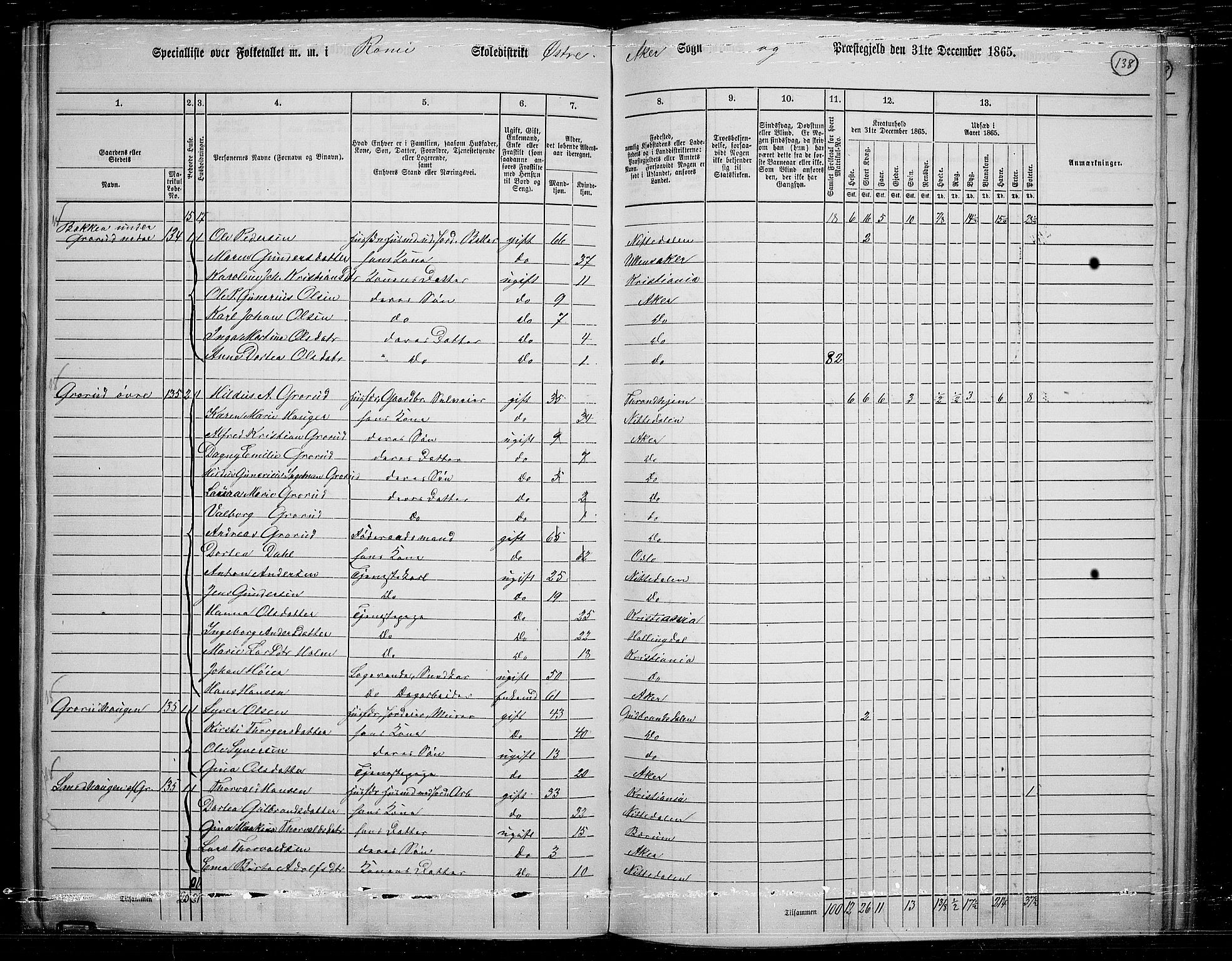 RA, Folketelling 1865 for 0218bP Østre Aker prestegjeld, 1865, s. 131