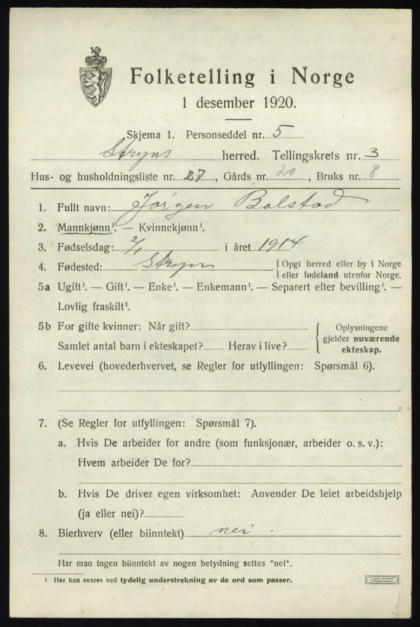 SAB, Folketelling 1920 for 1448 Stryn herred, 1920, s. 1672