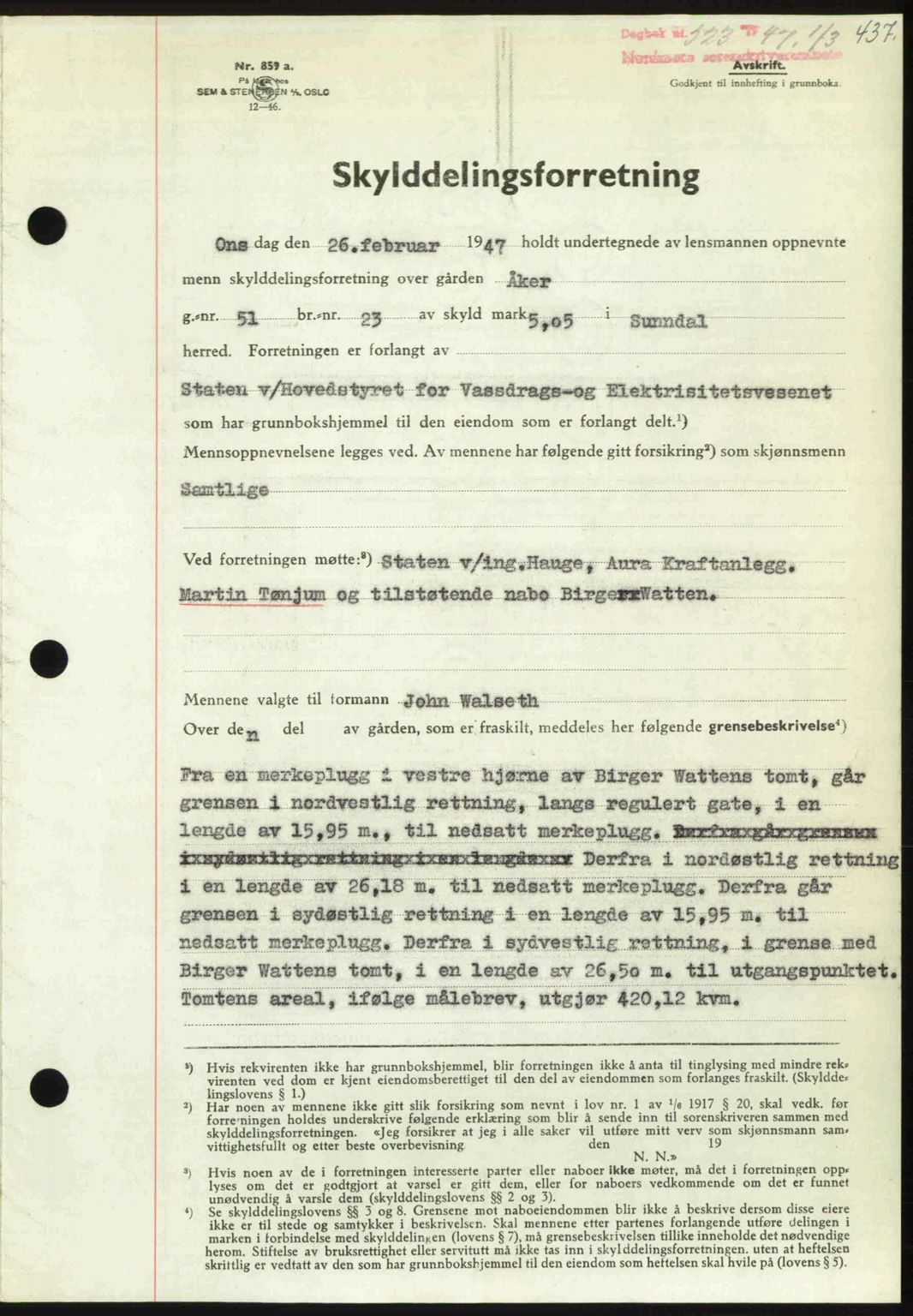 Nordmøre sorenskriveri, SAT/A-4132/1/2/2Ca: Pantebok nr. A104, 1947-1947, Dagboknr: 523/1947