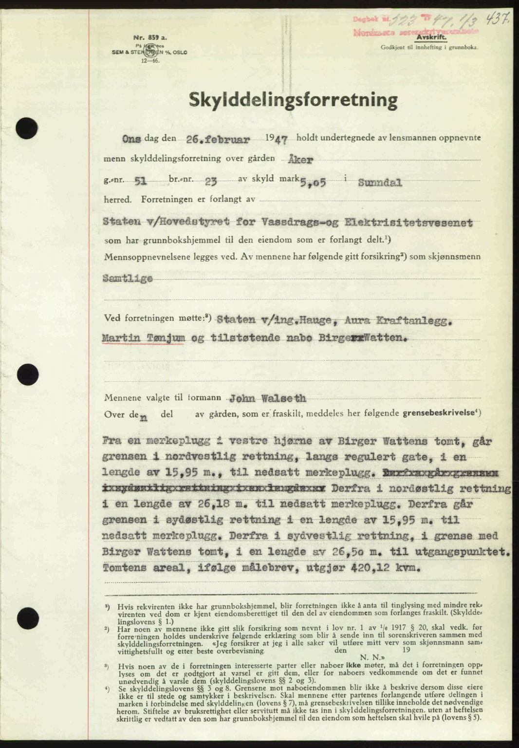 Nordmøre sorenskriveri, AV/SAT-A-4132/1/2/2Ca: Pantebok nr. A104, 1947-1947, Dagboknr: 523/1947