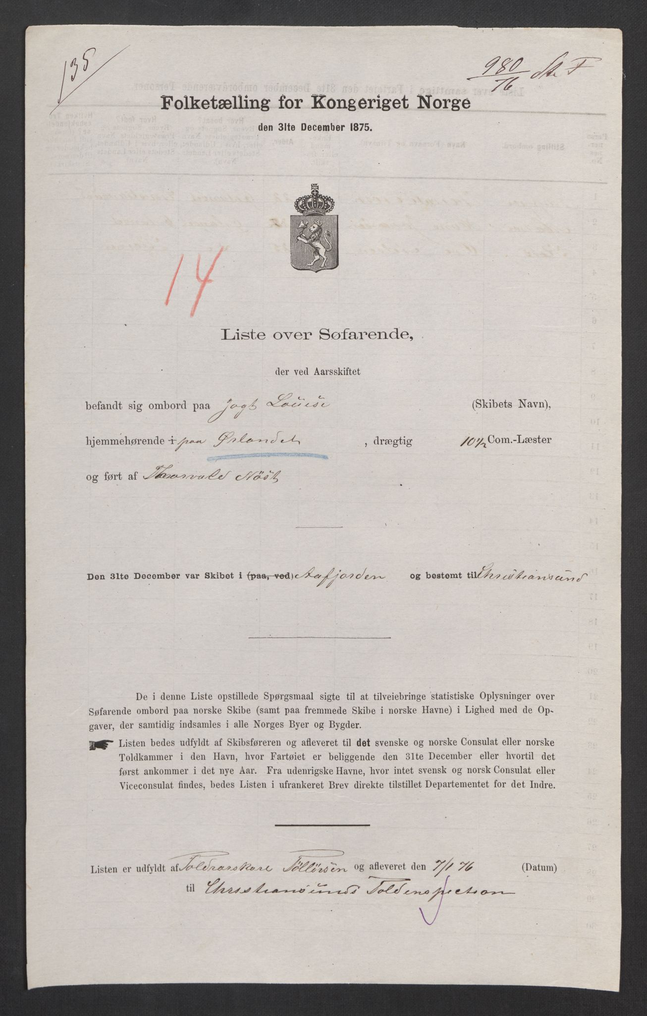 RA, Folketelling 1875, skipslister: Skip i innenrikske havner, hjemmehørende i 1) landdistrikter, 2) forskjellige steder, 3) utlandet, 1875, s. 350