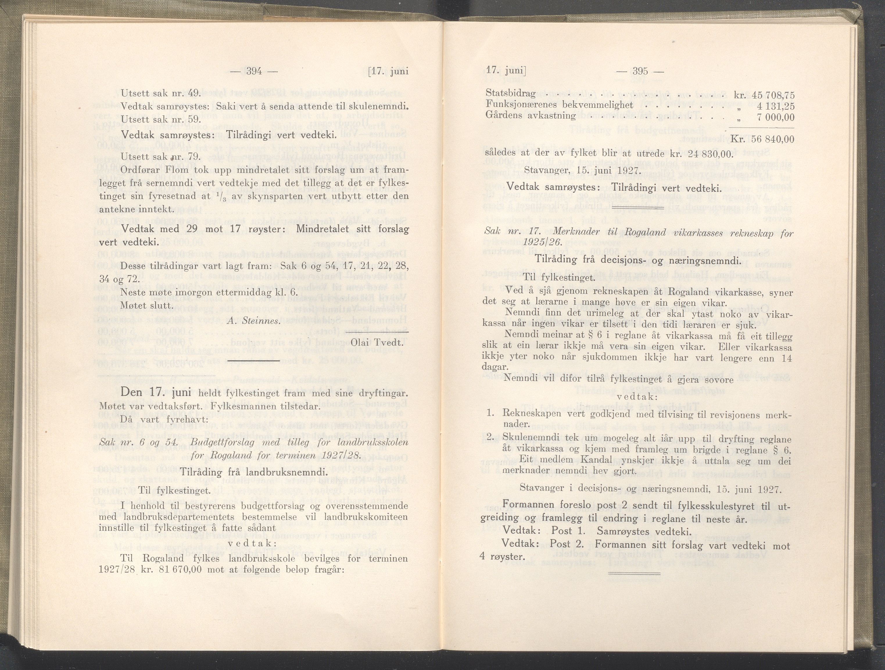 Rogaland fylkeskommune - Fylkesrådmannen , IKAR/A-900/A/Aa/Aaa/L0046: Møtebok , 1927, s. 394-395