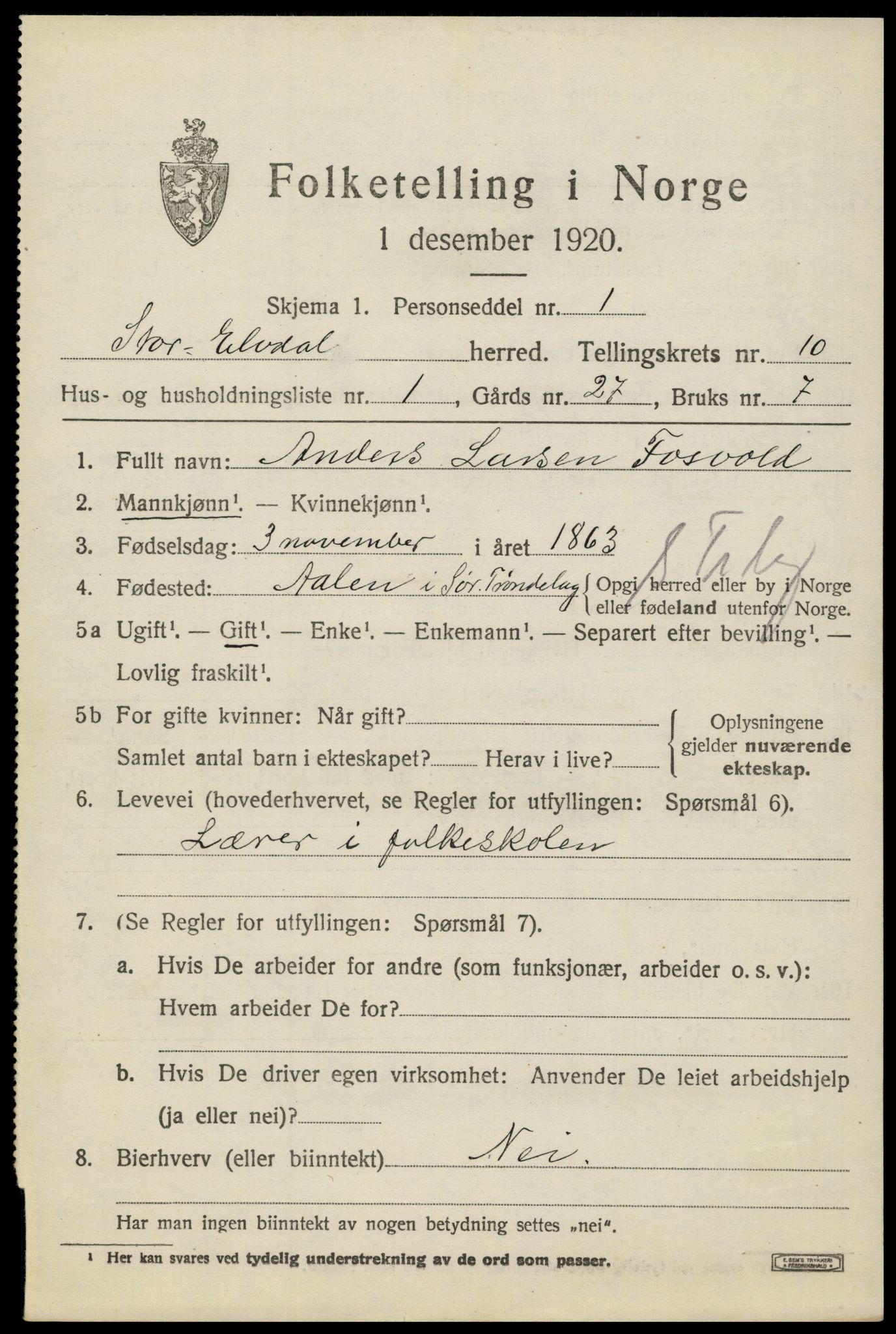 SAH, Folketelling 1920 for 0430 Stor-Elvdal herred, 1920, s. 9062