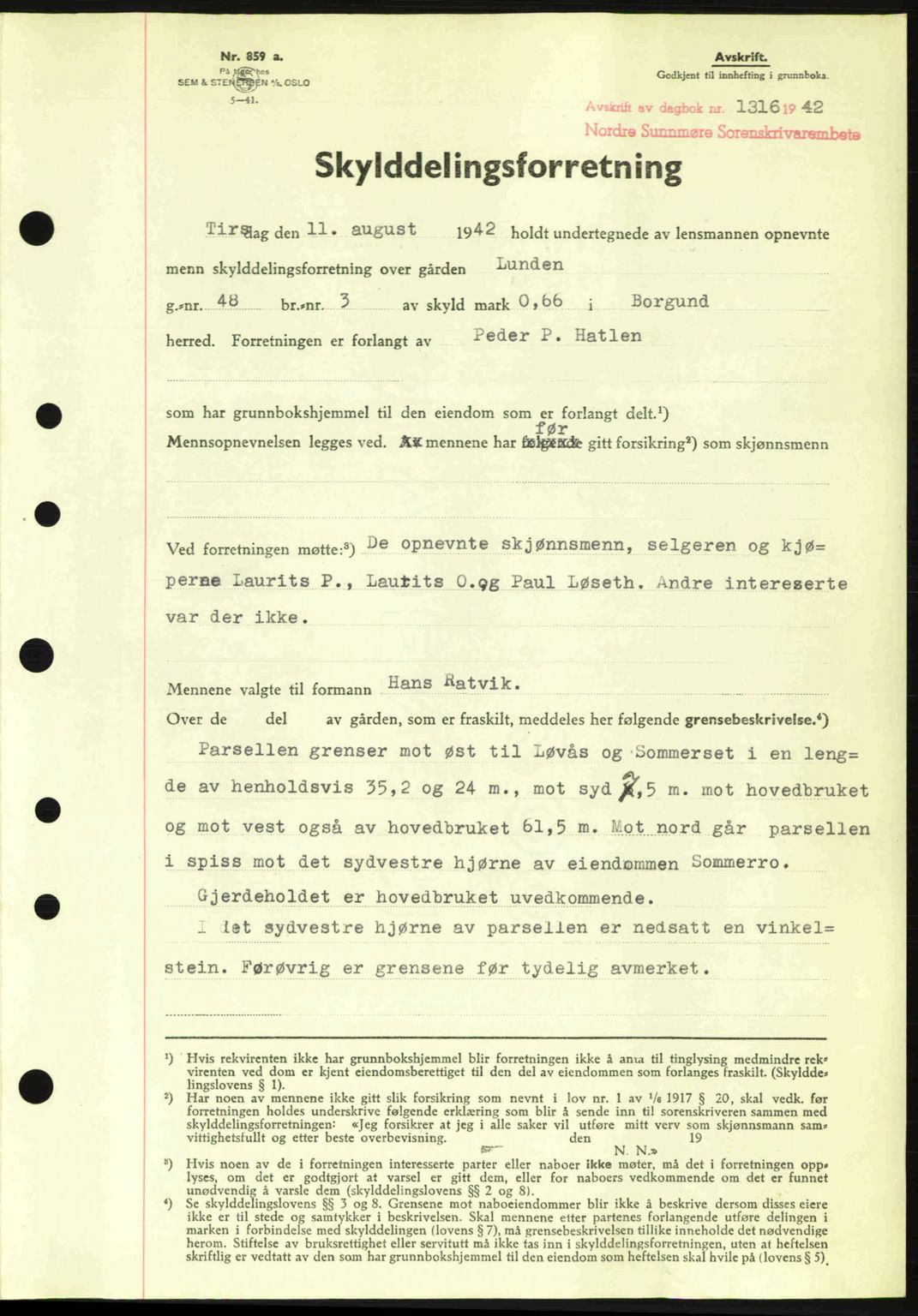Nordre Sunnmøre sorenskriveri, SAT/A-0006/1/2/2C/2Ca: Pantebok nr. A14, 1942-1942, Dagboknr: 1316/1942