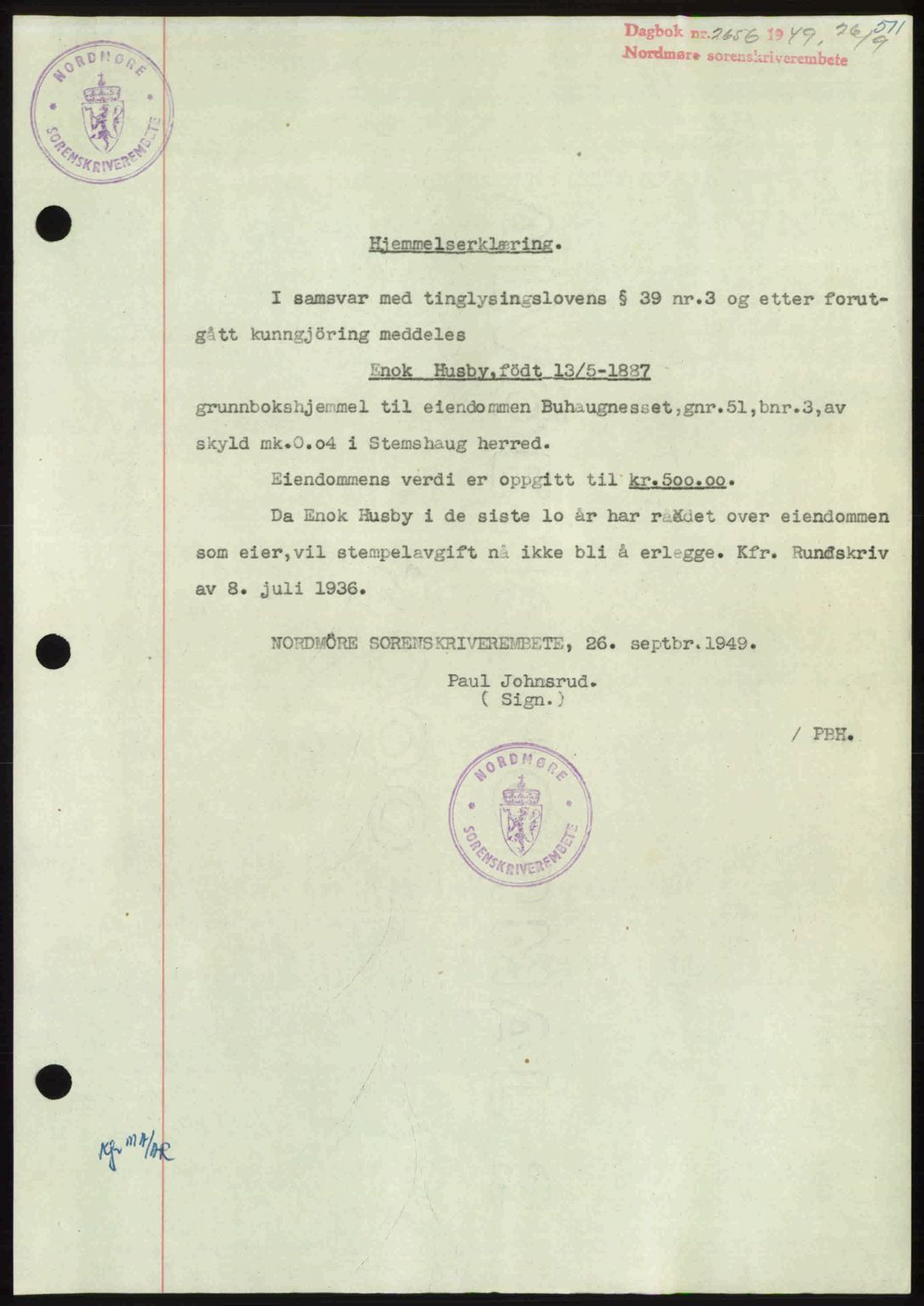 Nordmøre sorenskriveri, SAT/A-4132/1/2/2Ca: Pantebok nr. A112, 1949-1949, Dagboknr: 2656/1949