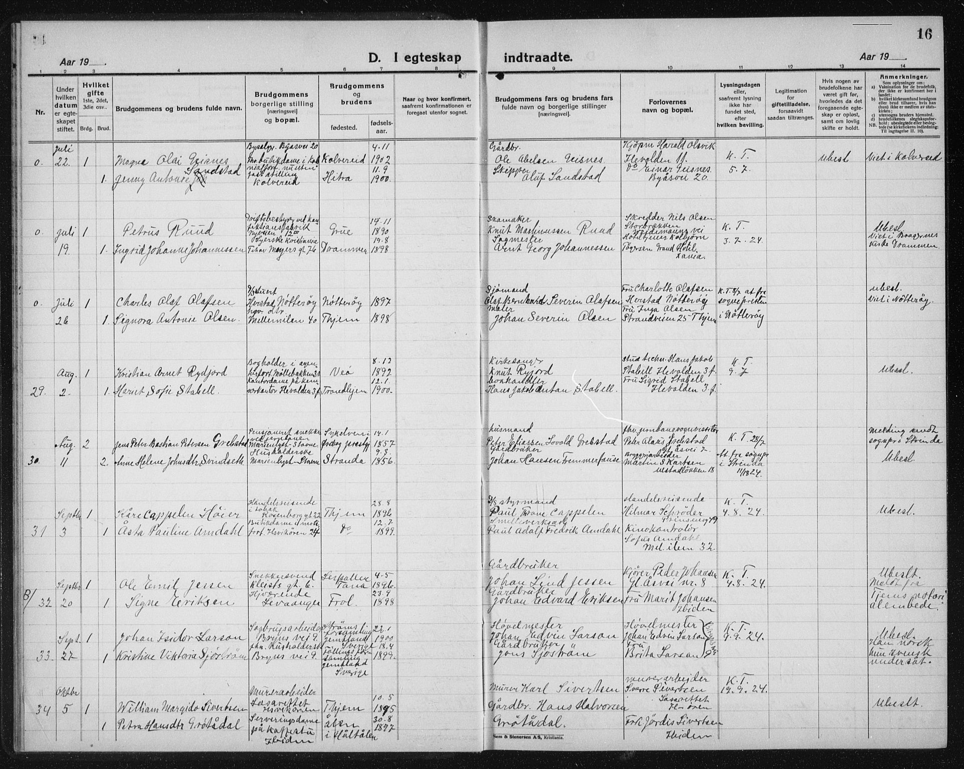 Ministerialprotokoller, klokkerbøker og fødselsregistre - Sør-Trøndelag, SAT/A-1456/603/L0176: Klokkerbok nr. 603C04, 1923-1941, s. 16