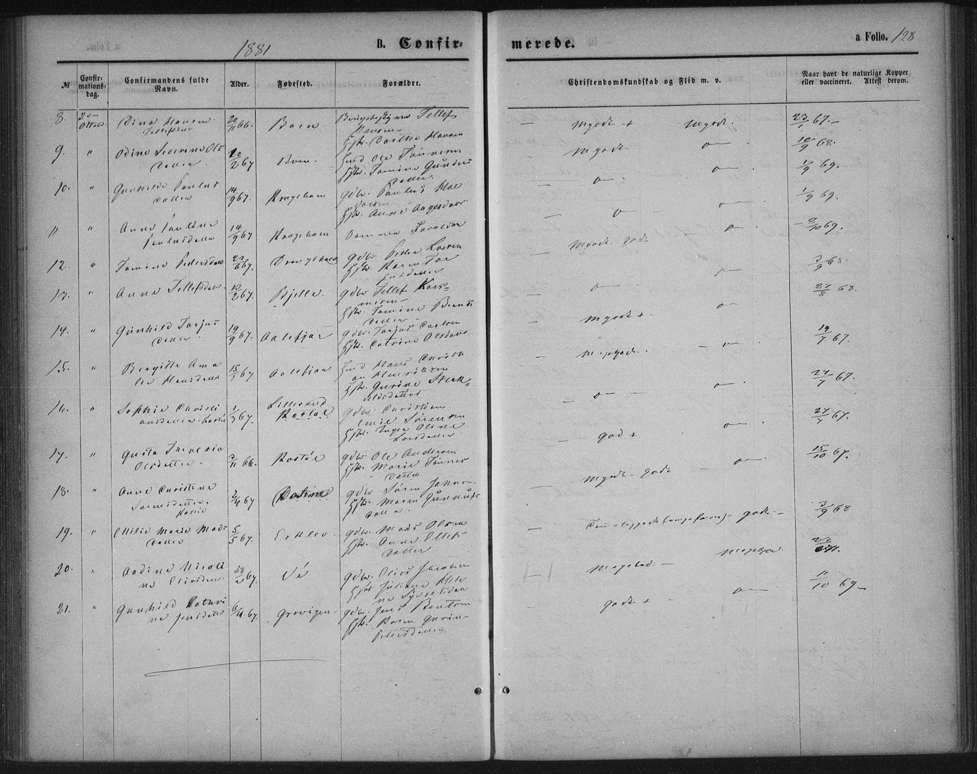 Tveit sokneprestkontor, AV/SAK-1111-0043/F/Fa/L0006: Ministerialbok nr. A 6, 1872-1886, s. 128