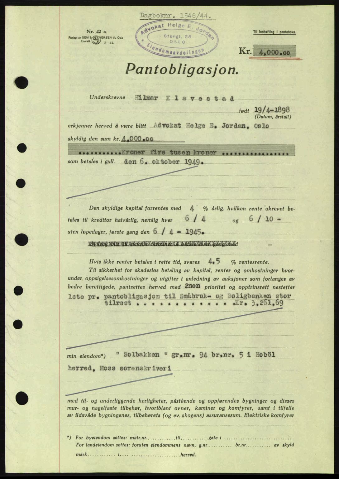 Moss sorenskriveri, SAO/A-10168: Pantebok nr. B13, 1943-1945, Dagboknr: 1548/1944