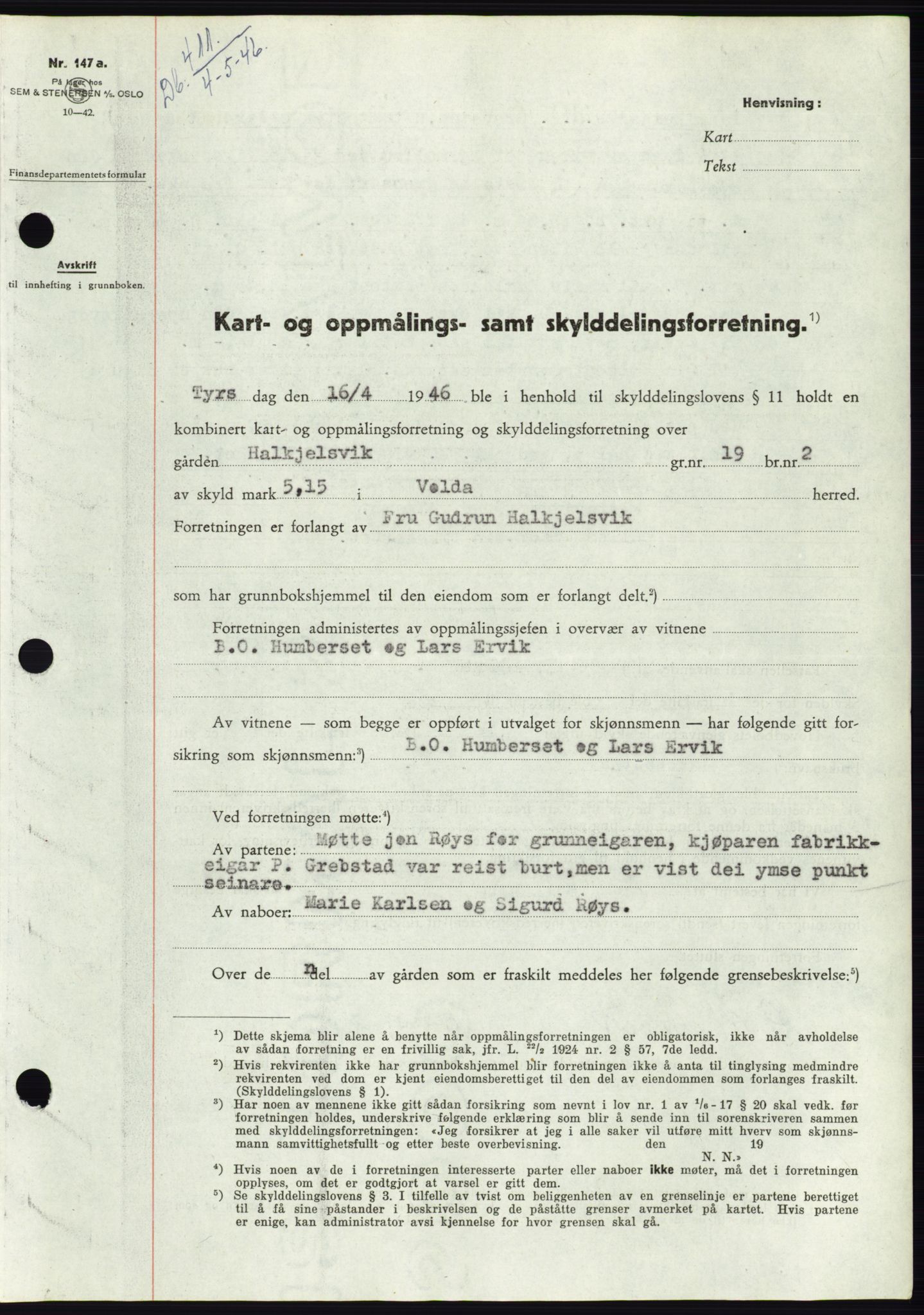 Søre Sunnmøre sorenskriveri, SAT/A-4122/1/2/2C/L0078: Pantebok nr. 4A, 1946-1946, Dagboknr: 411/1946