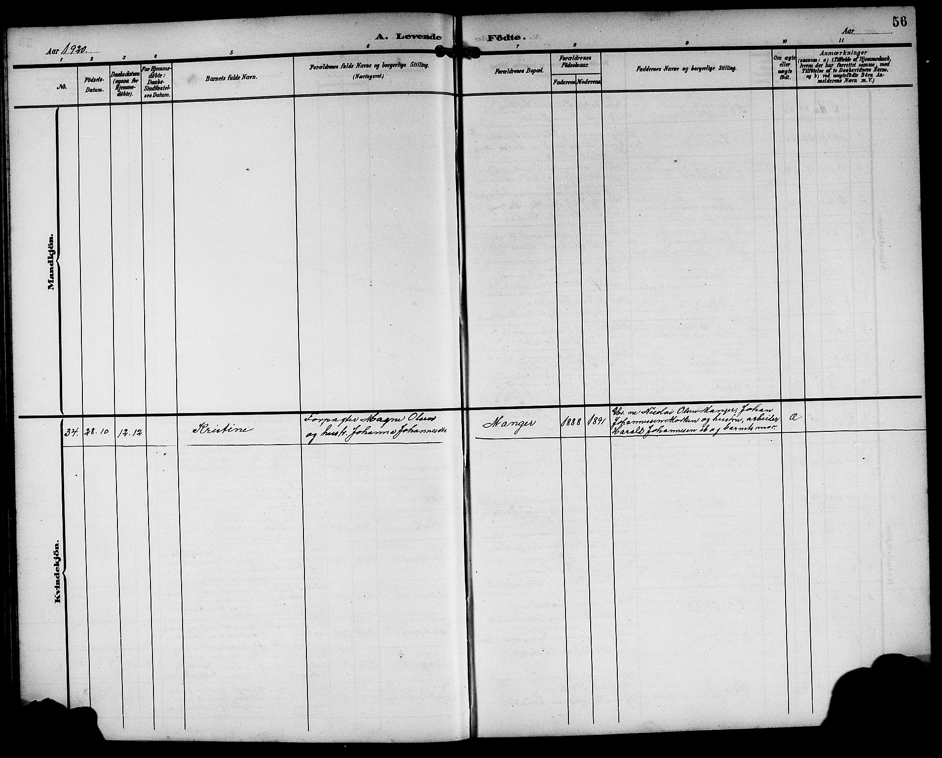 Manger sokneprestembete, SAB/A-76801/H/Hab: Klokkerbok nr. A 2, 1902-1923, s. 56