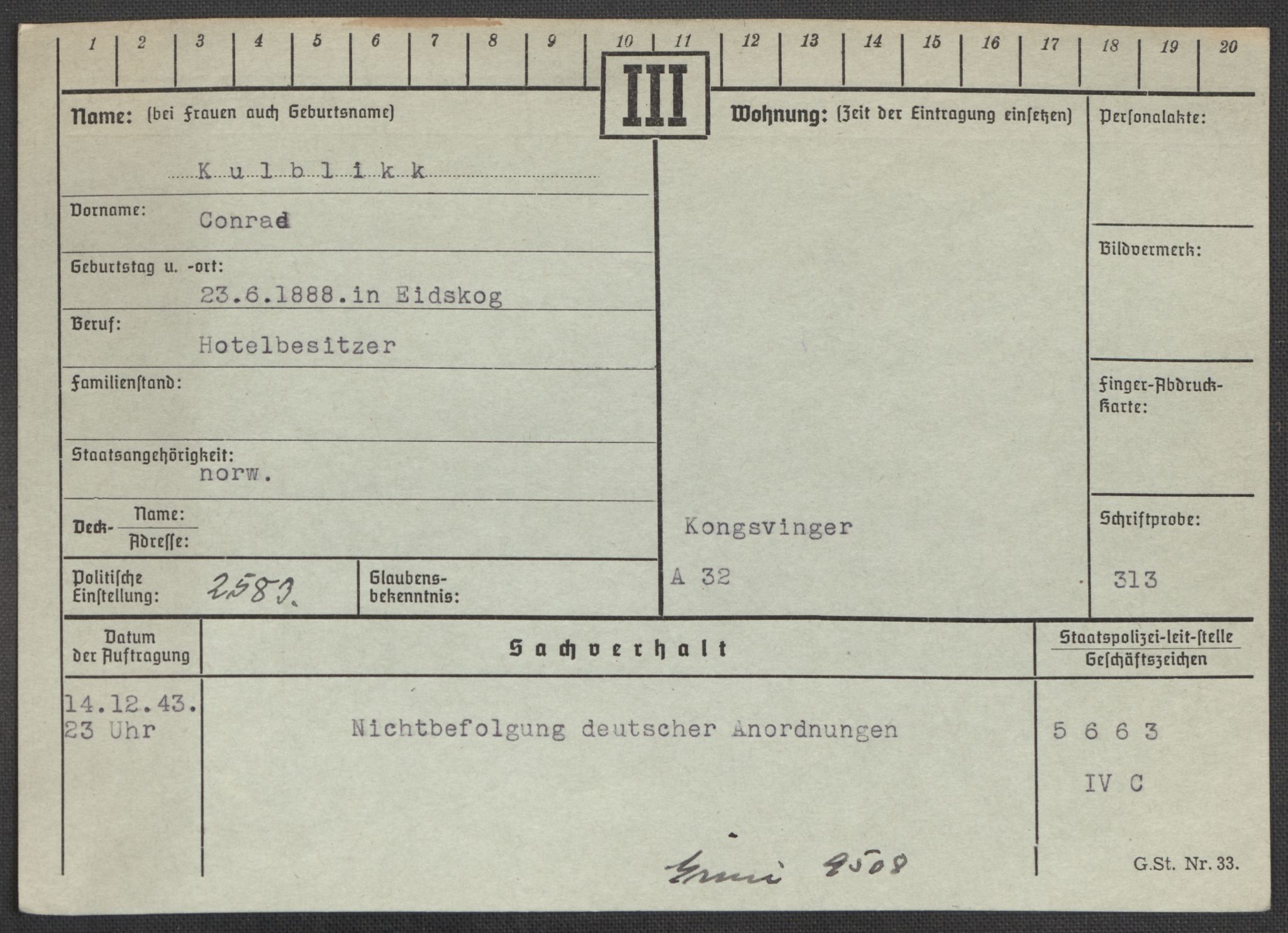 Befehlshaber der Sicherheitspolizei und des SD, RA/RAFA-5969/E/Ea/Eaa/L0006: Register over norske fanger i Møllergata 19: Kj-Lund, 1940-1945, s. 524