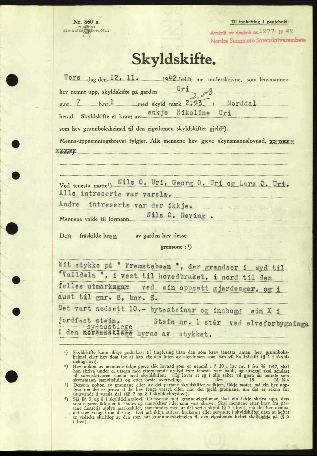 Nordre Sunnmøre sorenskriveri, AV/SAT-A-0006/1/2/2C/2Ca: Pantebok nr. A15, 1942-1943, Dagboknr: 1977/1942