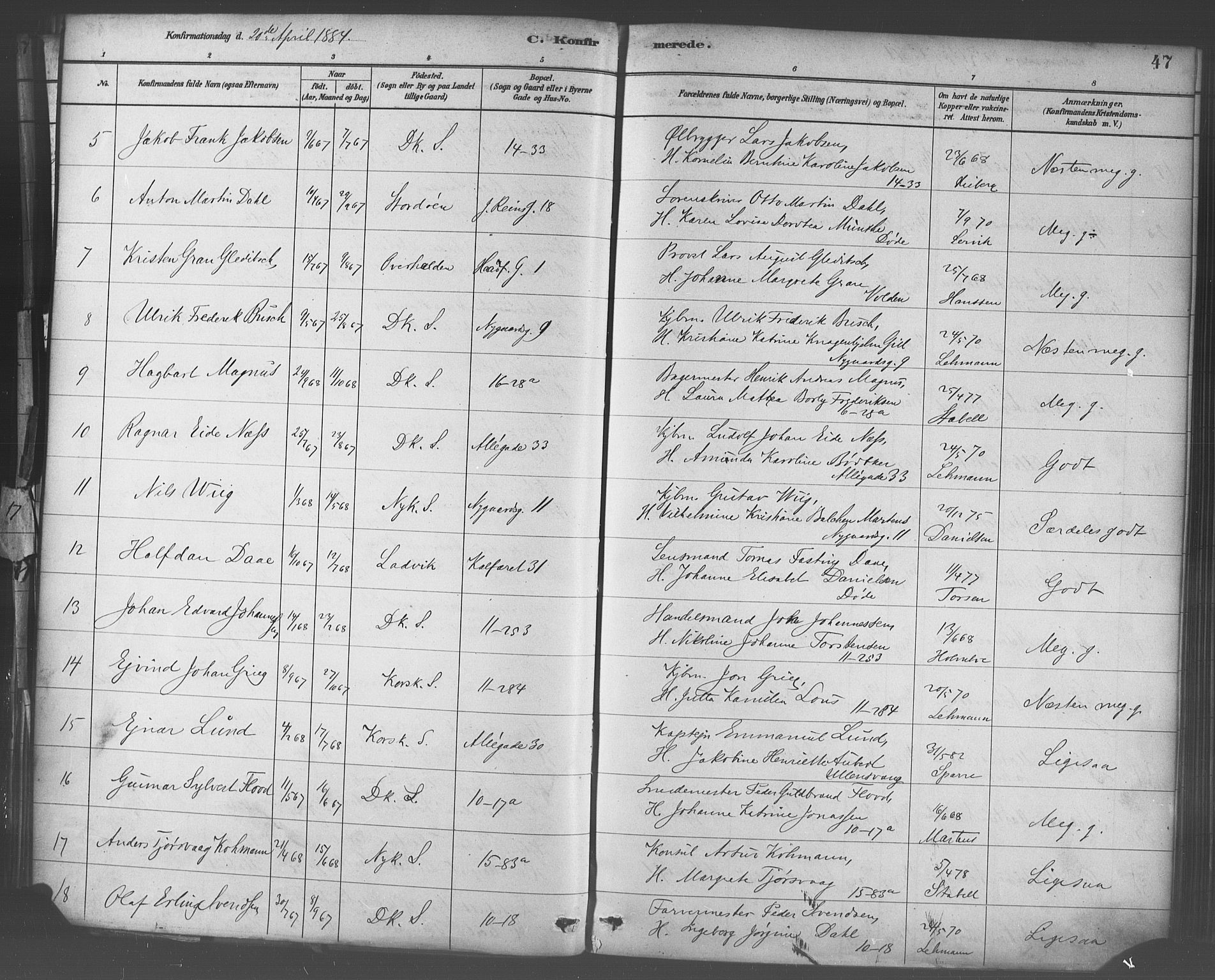 Domkirken sokneprestembete, AV/SAB-A-74801/H/Haa/L0030: Ministerialbok nr. C 5, 1880-1898, s. 47