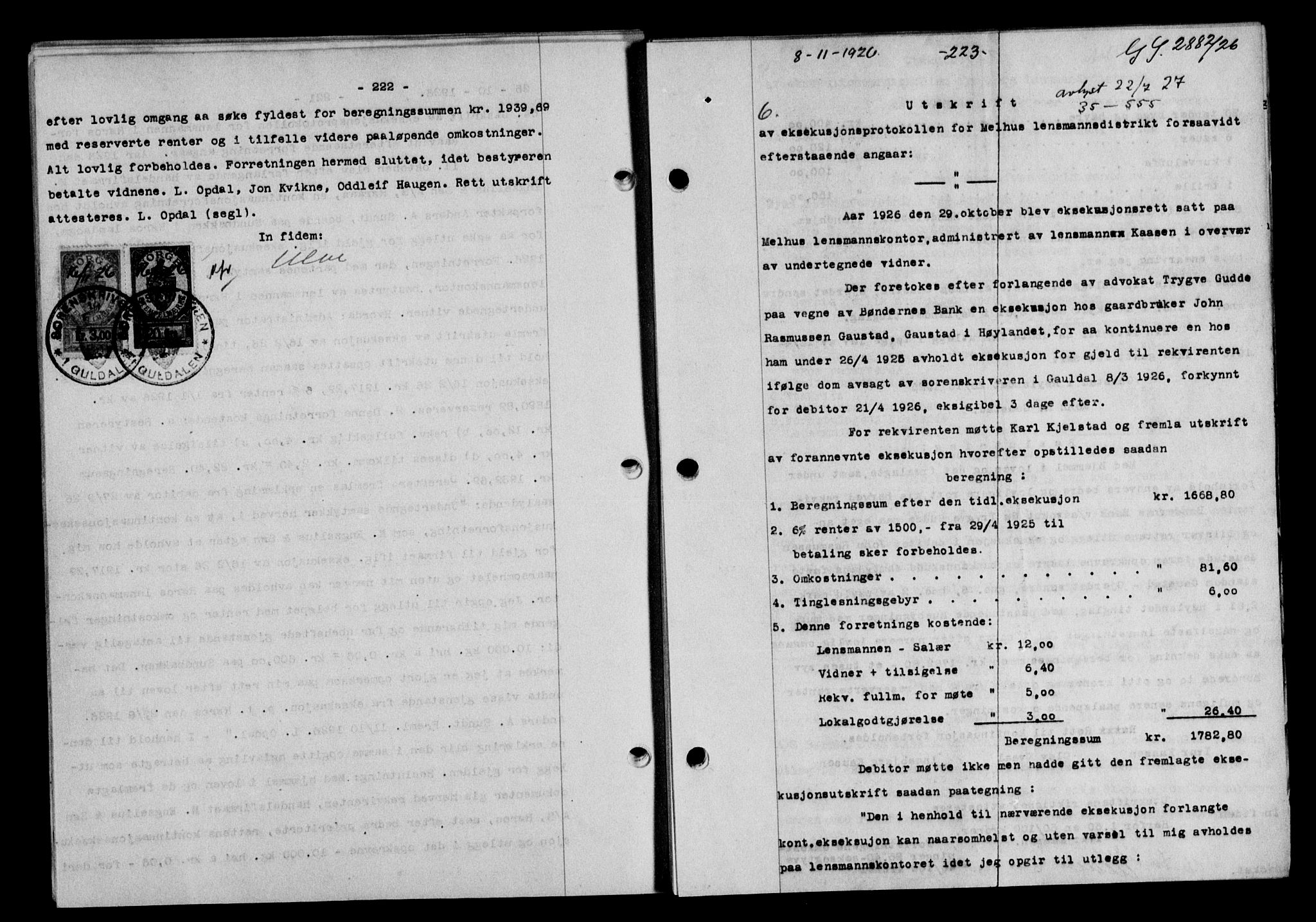 Gauldal sorenskriveri, SAT/A-0014/1/2/2C/L0035: Pantebok nr. 36, 1926-1927, s. 222-223, Tingl.dato: 08.11.1926