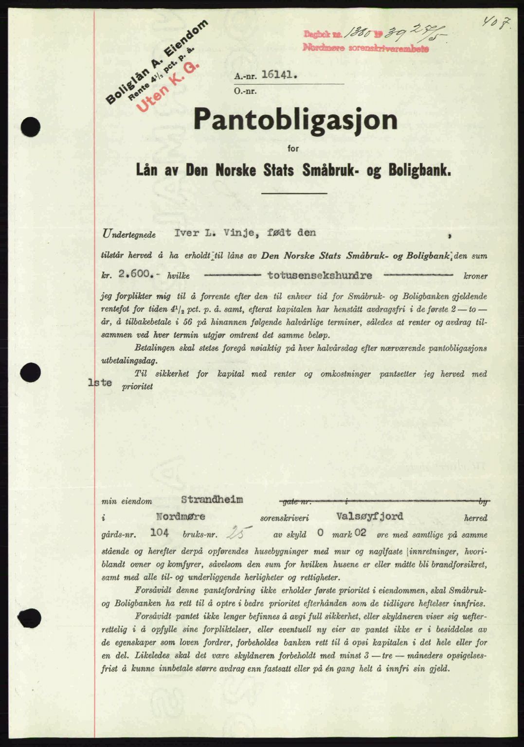Nordmøre sorenskriveri, SAT/A-4132/1/2/2Ca: Pantebok nr. B85, 1939-1939, Dagboknr: 1380/1939