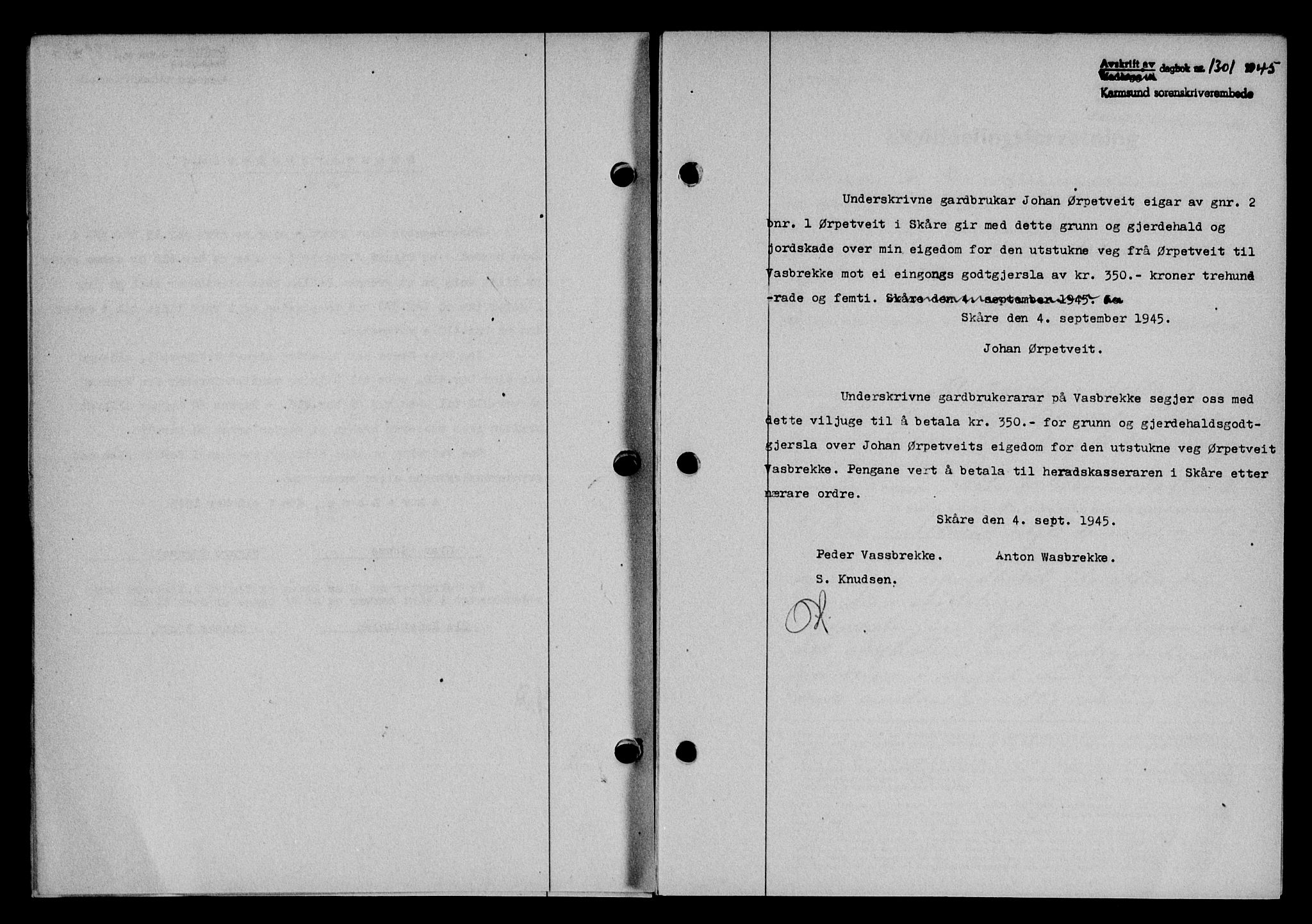 Karmsund sorenskriveri, SAST/A-100311/01/II/IIB/L0084: Pantebok nr. 65A, 1945-1946, Dagboknr: 1301/1945