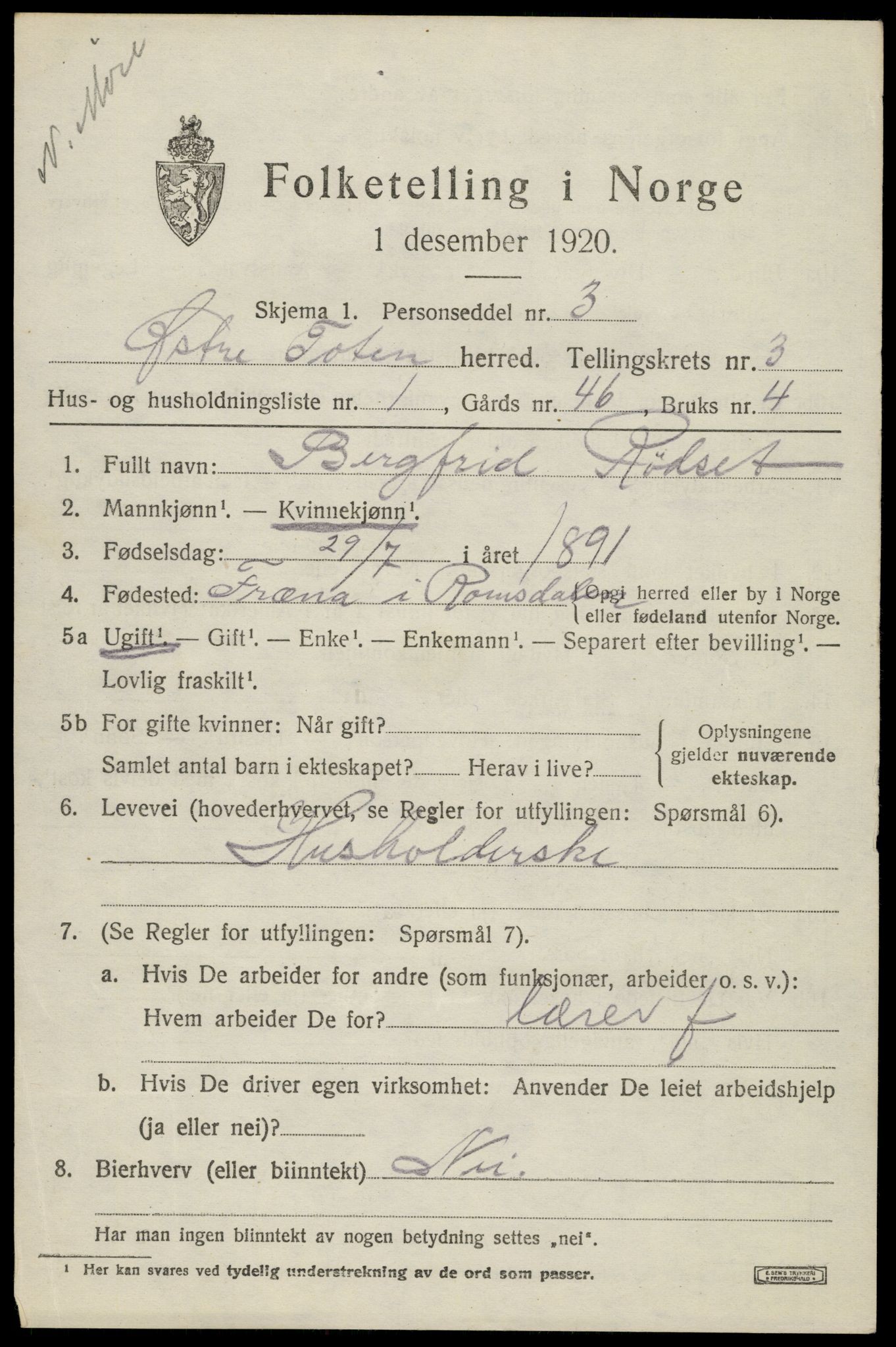 SAH, Folketelling 1920 for 0528 Østre Toten herred, 1920, s. 6108